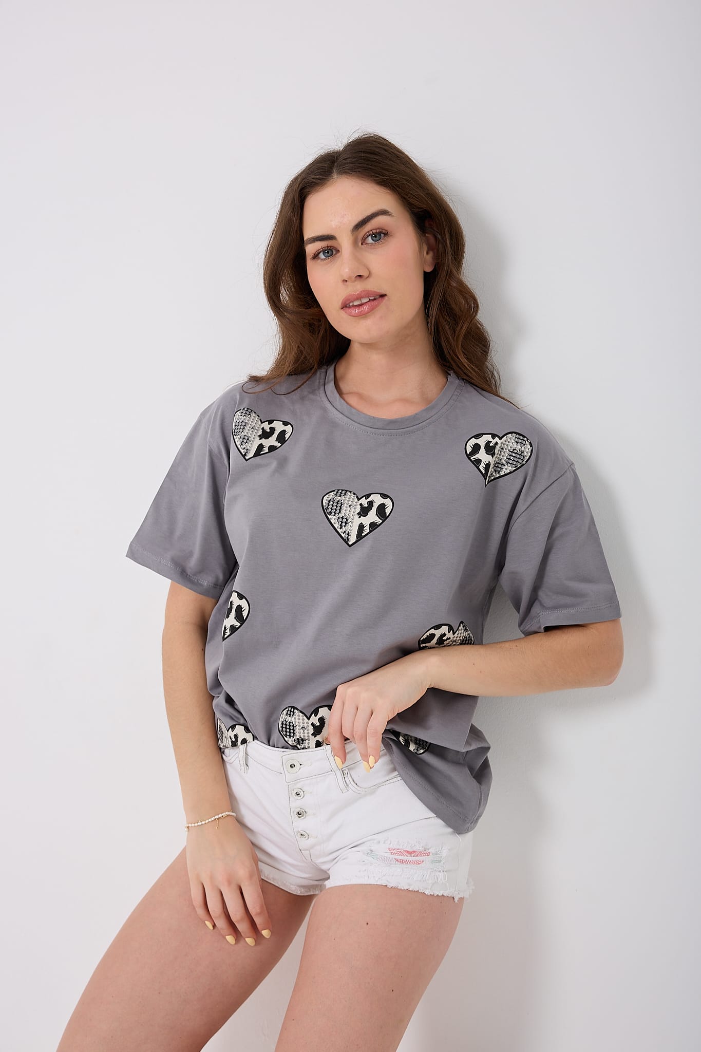4618 - Oversize TAŞLI KALP Baskılı T-Shirt