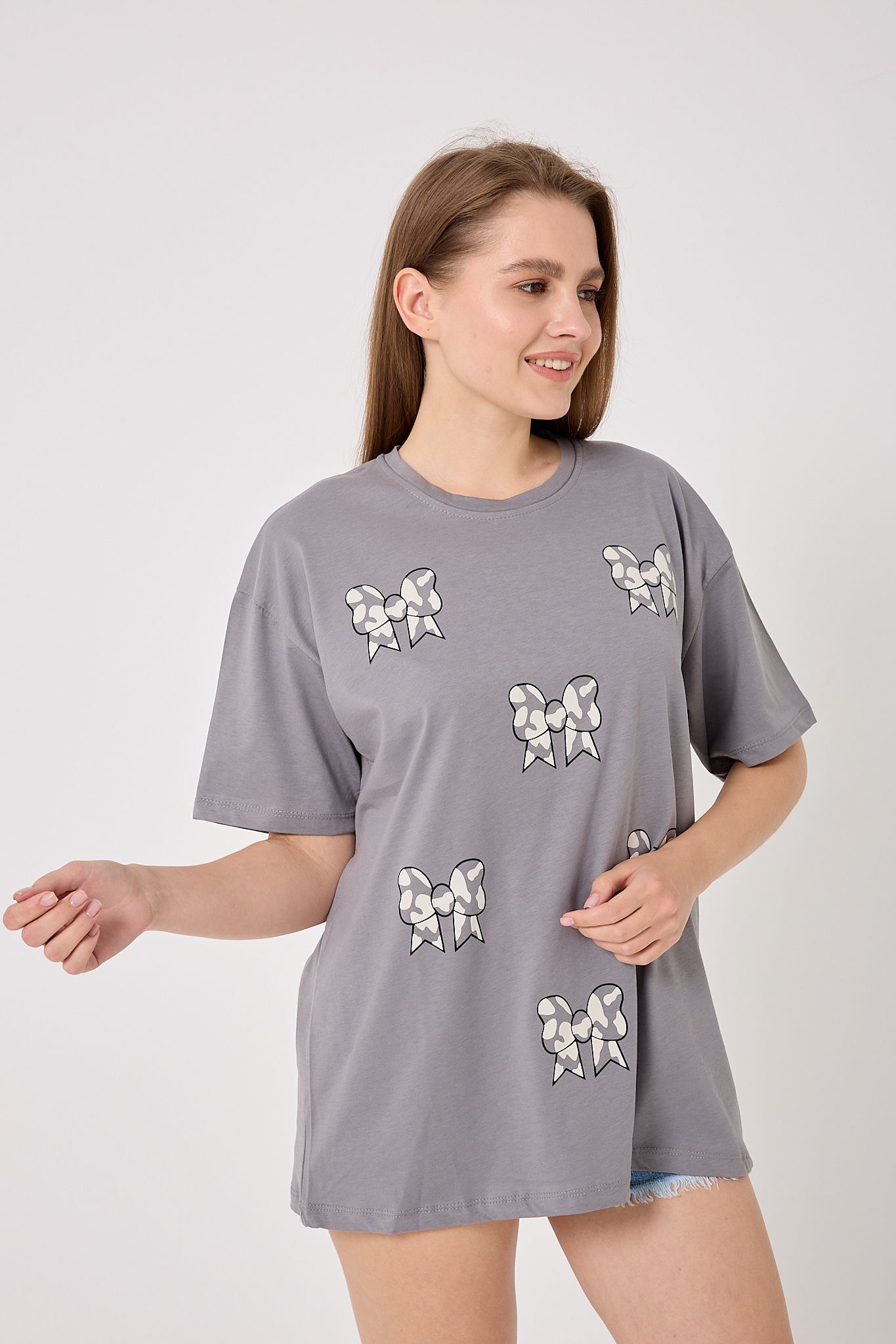 4610-Oversize Fiyonk Baskılı T-Shirt