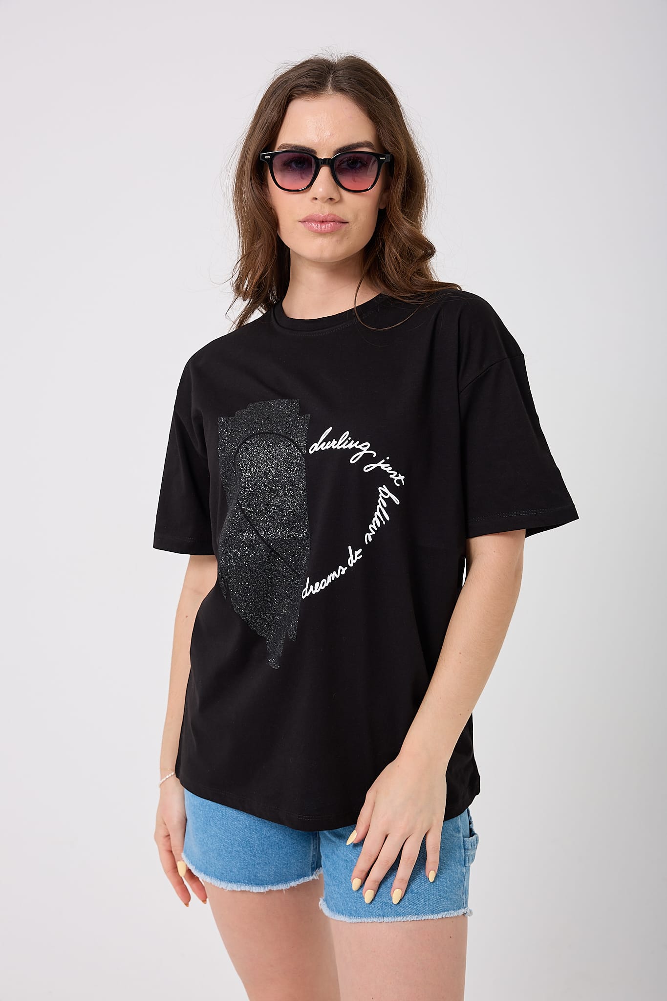 4625 - Oversize Simli Yarım Kalp Baskılı T-Shirt
