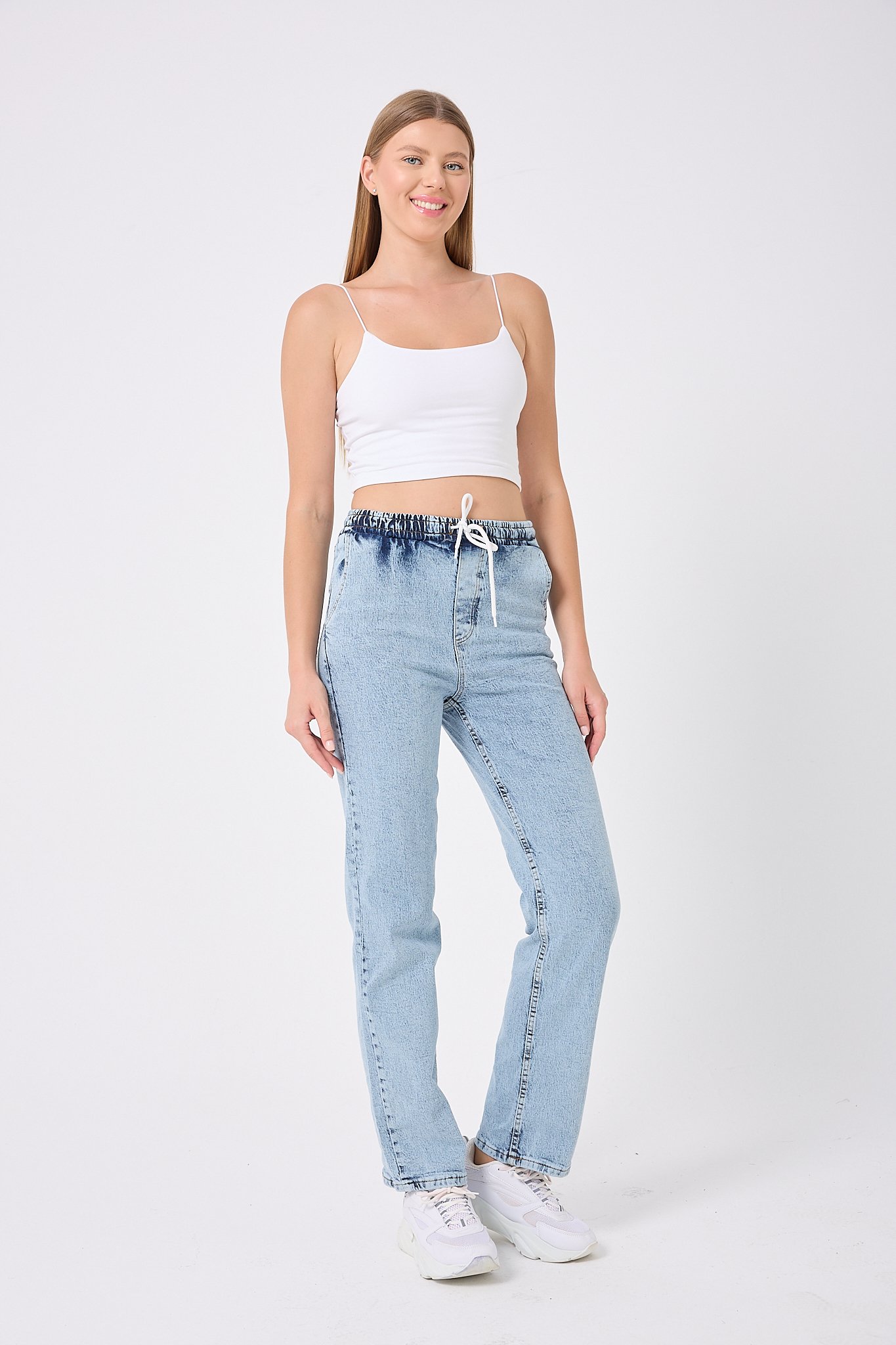 4653-Beli Lastikli Palazzo Kot Pantolon