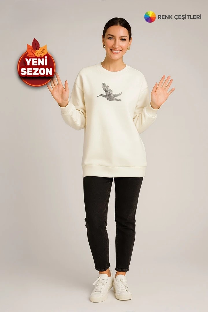 365 - Zincirli Kuşlu Taş Baskılı Premium Oysho™ Tunik - Ekru