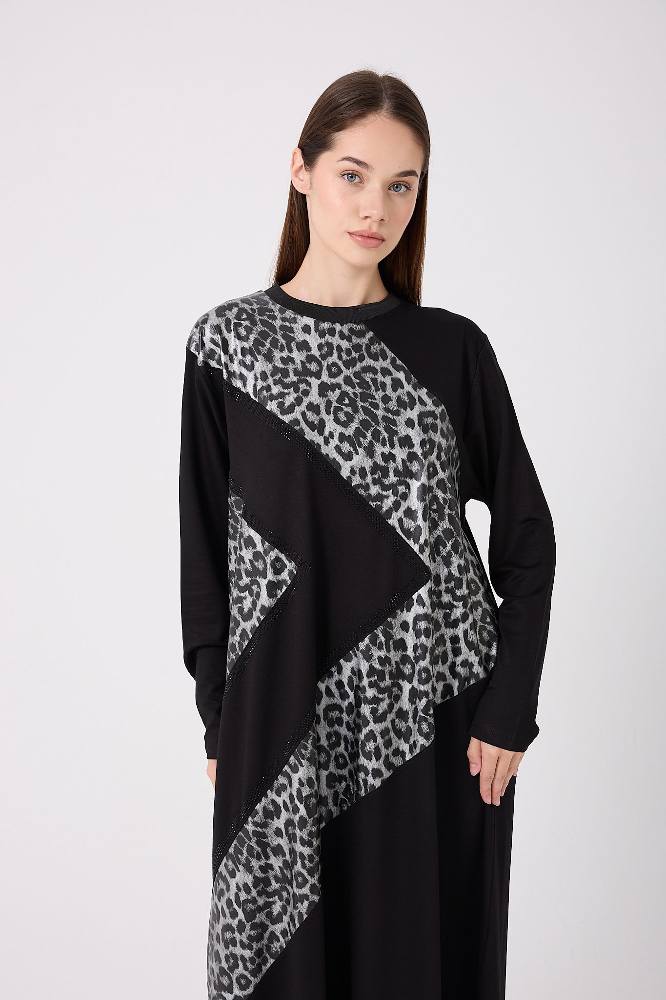 4646-Leopar Garnili Taşlı Elbise - Siyah