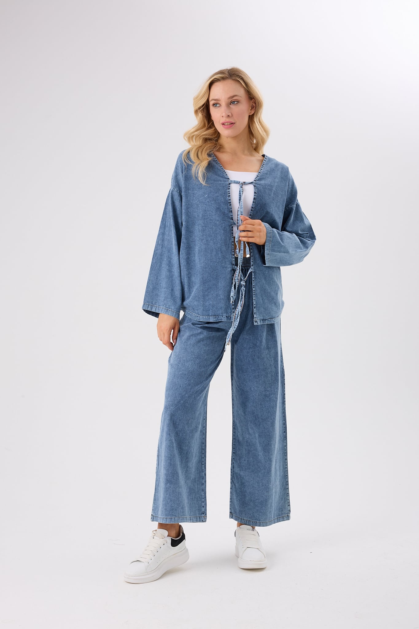 4632-Önden Bağlamalı Denim Alt Üst İkili Takım-Pamuk Kot