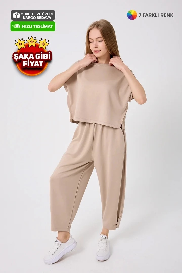 3426-Şalvarlı Yarım Kol İkili Takım