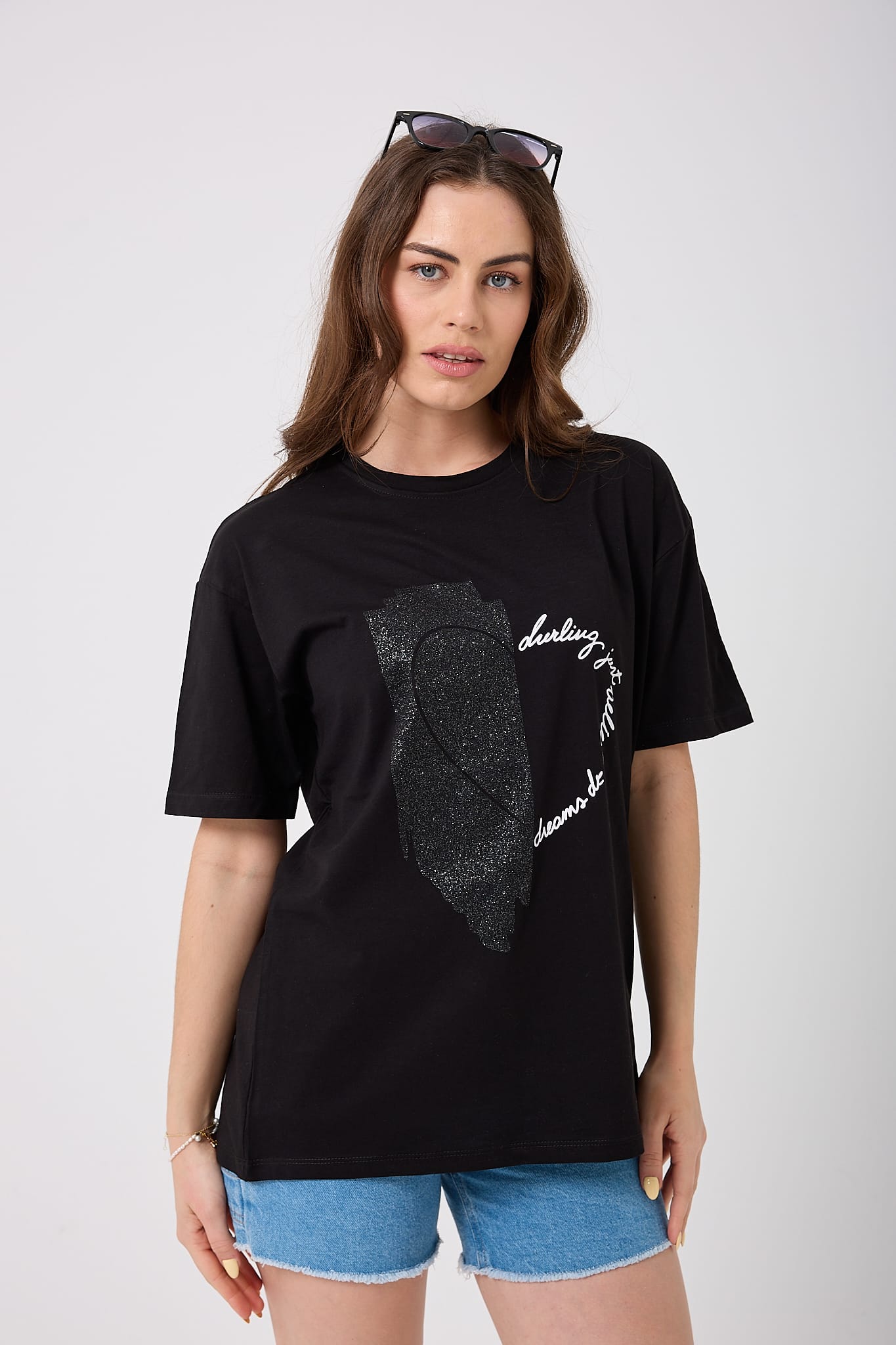 4625 - Oversize Simli Yarım Kalp Baskılı T-Shirt - Siyah