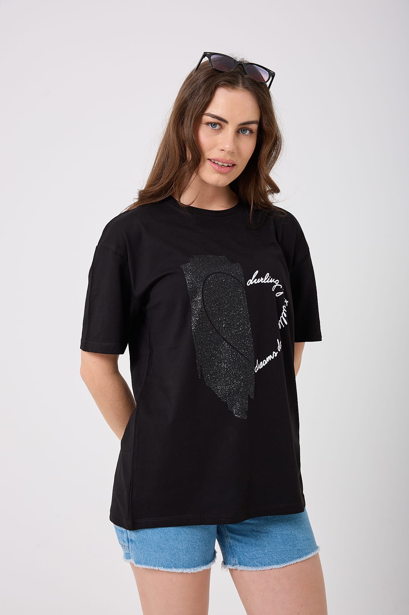 4625 - Oversize Simli Yarım Kalp Baskılı T-Shirt