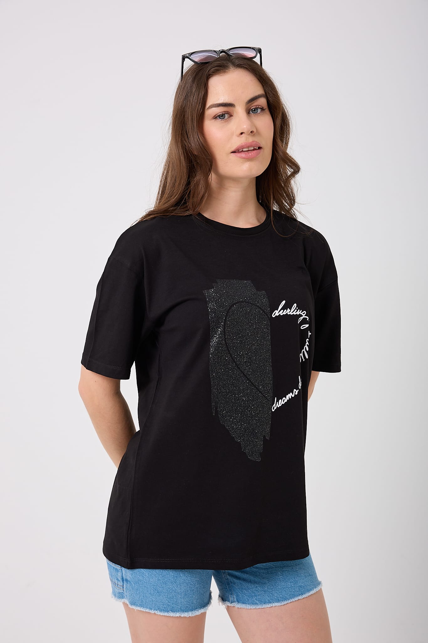 4625 - Oversize Simli Yarım Kalp Baskılı T-Shirt