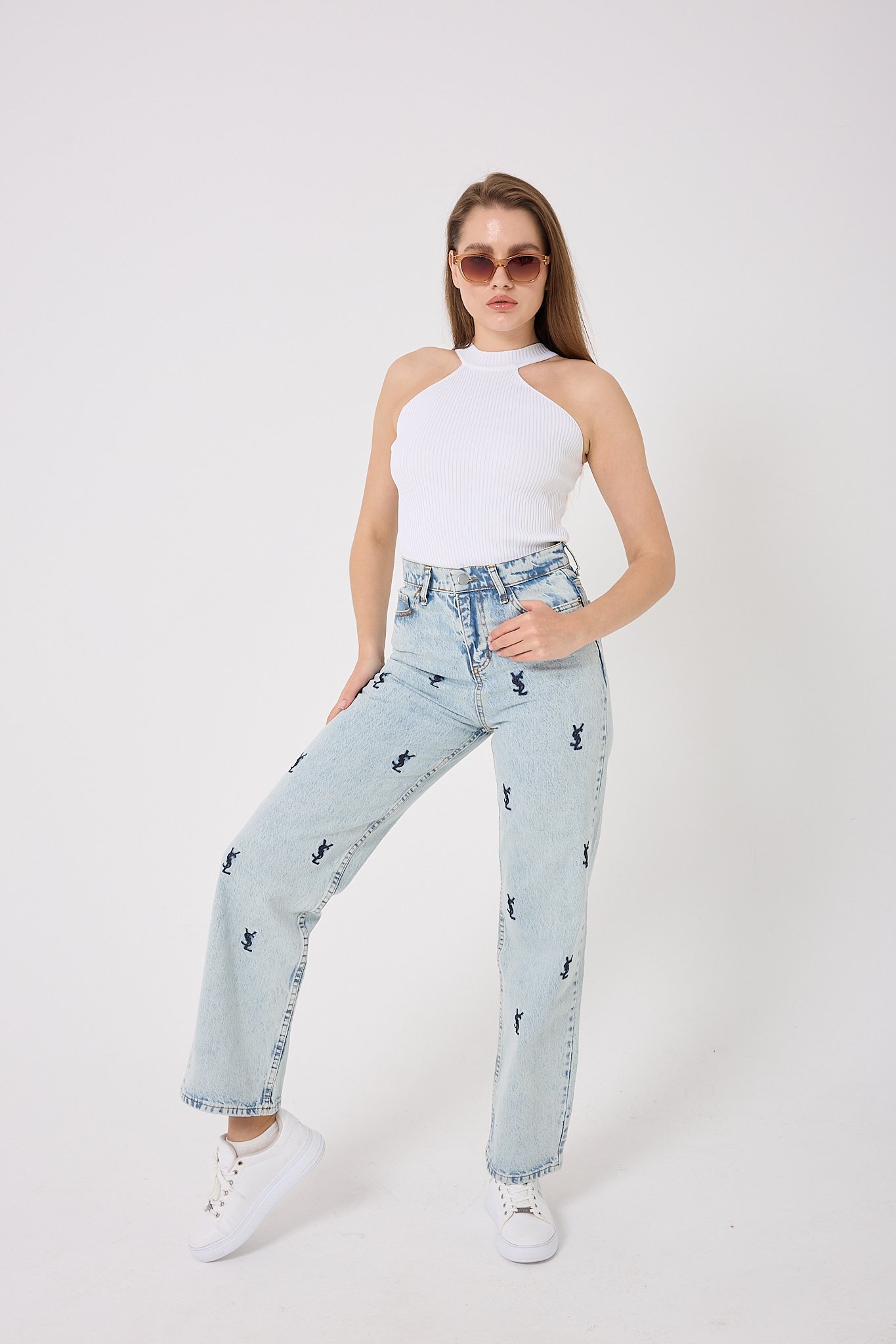  4602- Y S L Nakışlı Denim Palazzo Pantolon