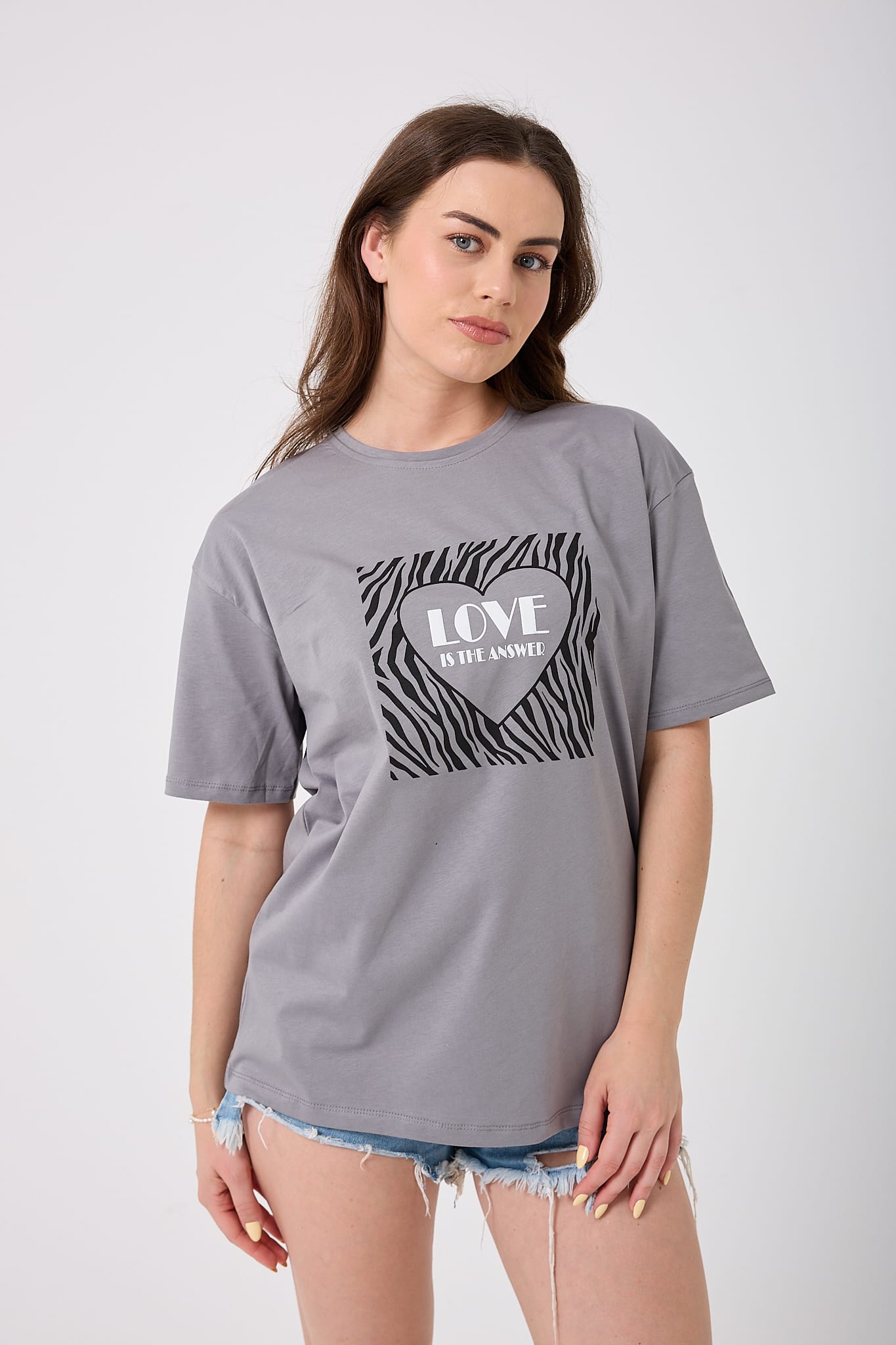 4619 - Oversize LOVE IS THE ANSWER Yazı Baskılı T-Shirt