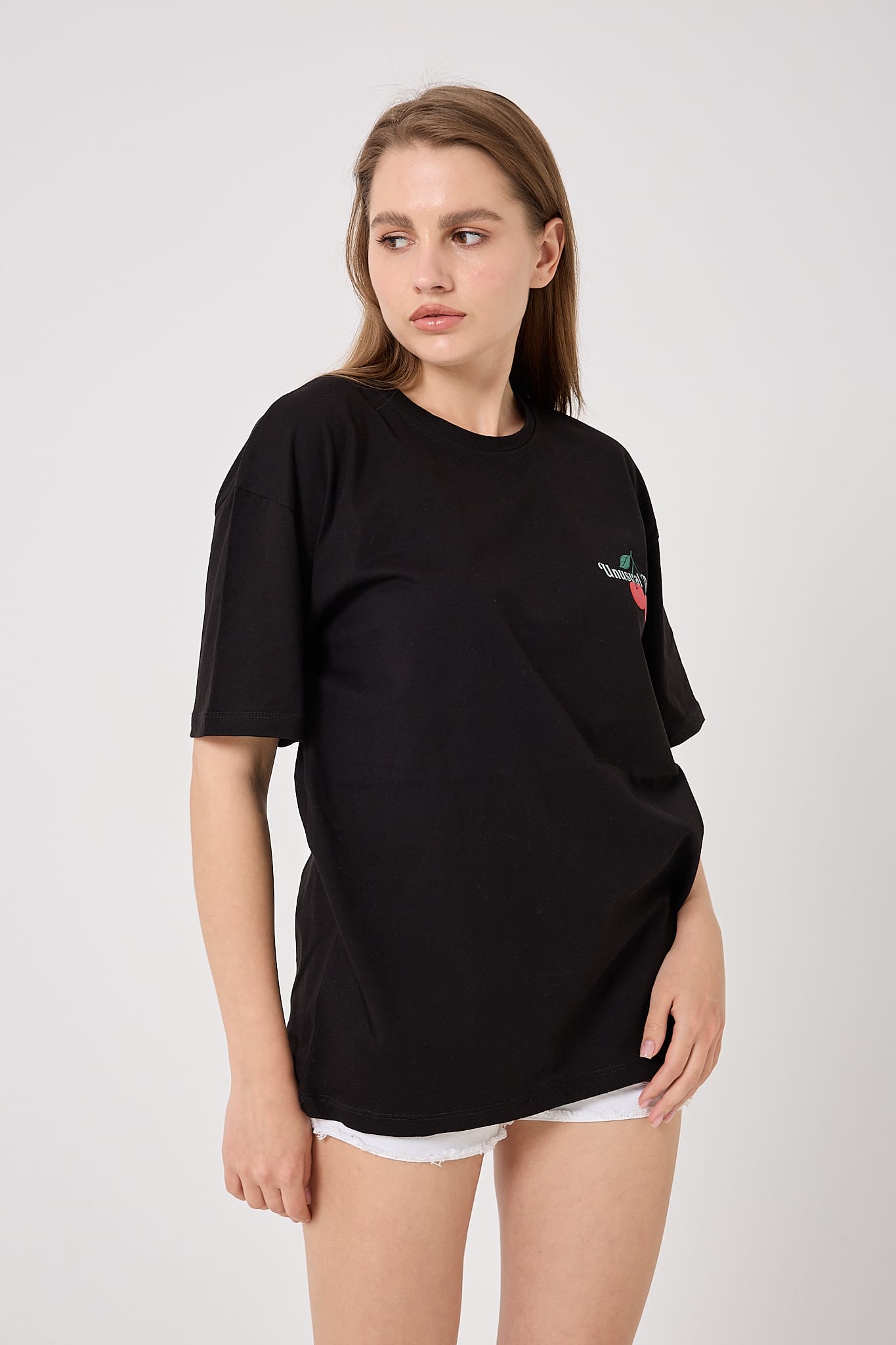 4611 - Oversize Kiraz Baskılı T-Shirt