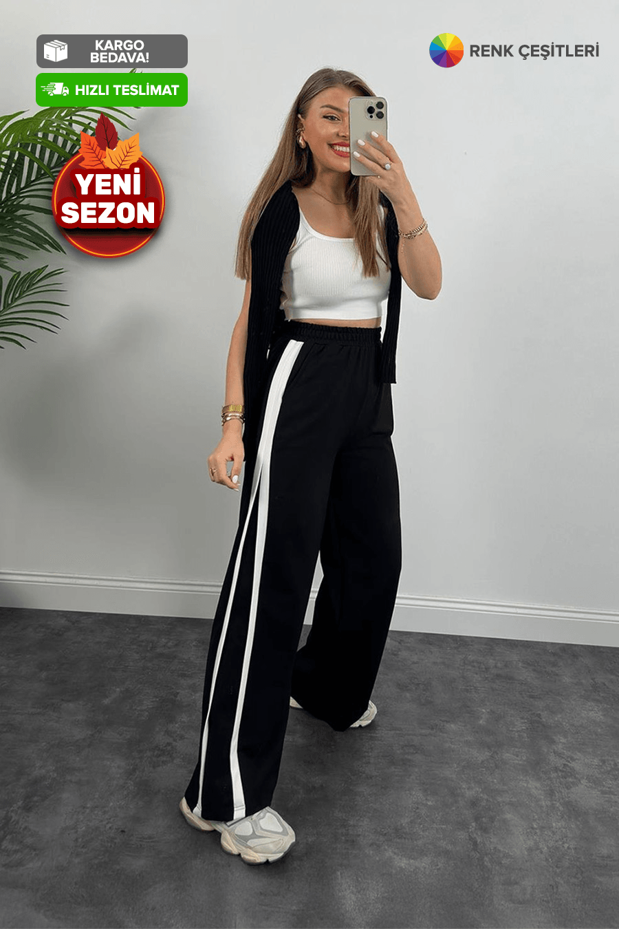 1491 - V Çizgili Oysho Plazzo Pantolon - Siyah