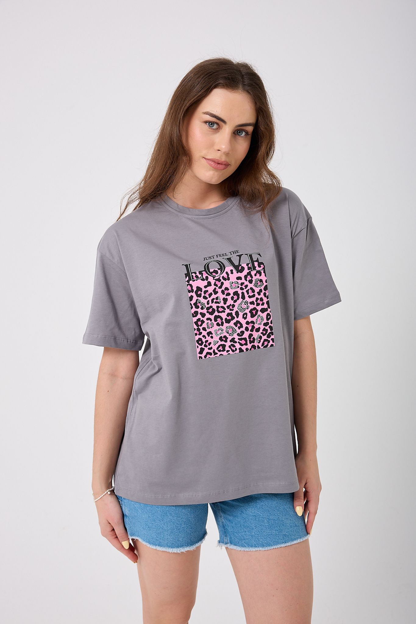 4620 - Oversize Just Feel The Love Yazı Baskılı T-Shirt