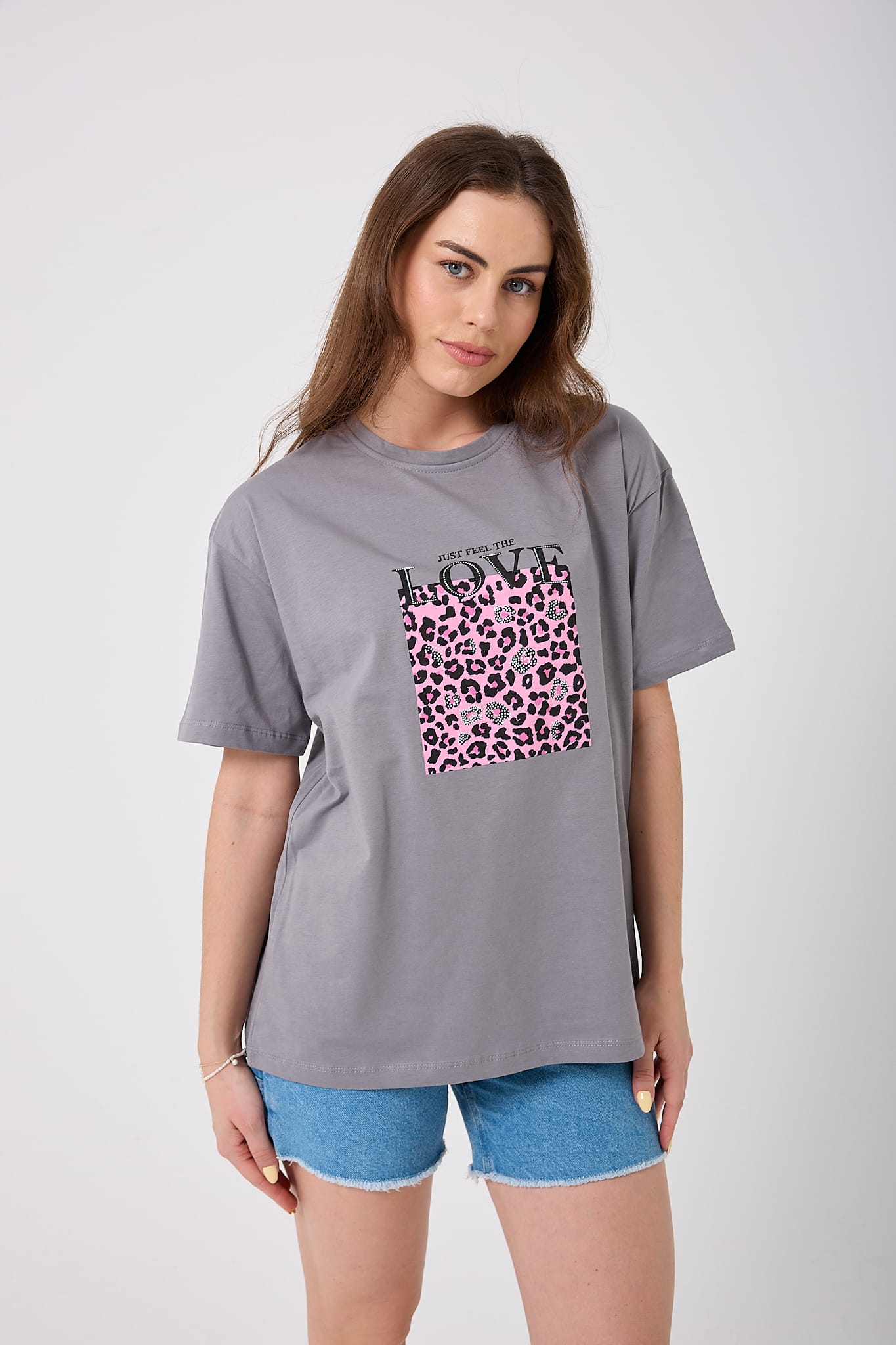 4620 - Oversize Just Feel The Love Yazı Baskılı T-Shirt