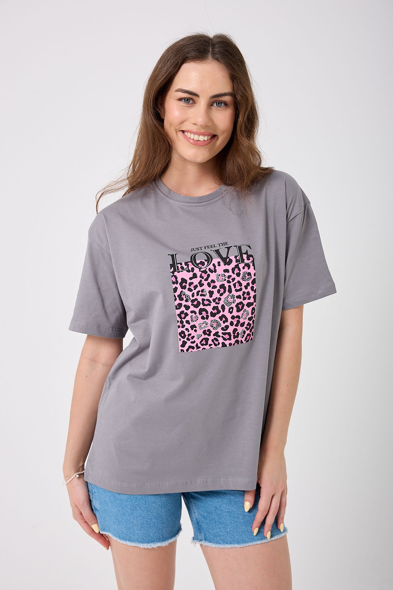 4620 - Oversize Just Feel The Love Yazı Baskılı T-Shirt
