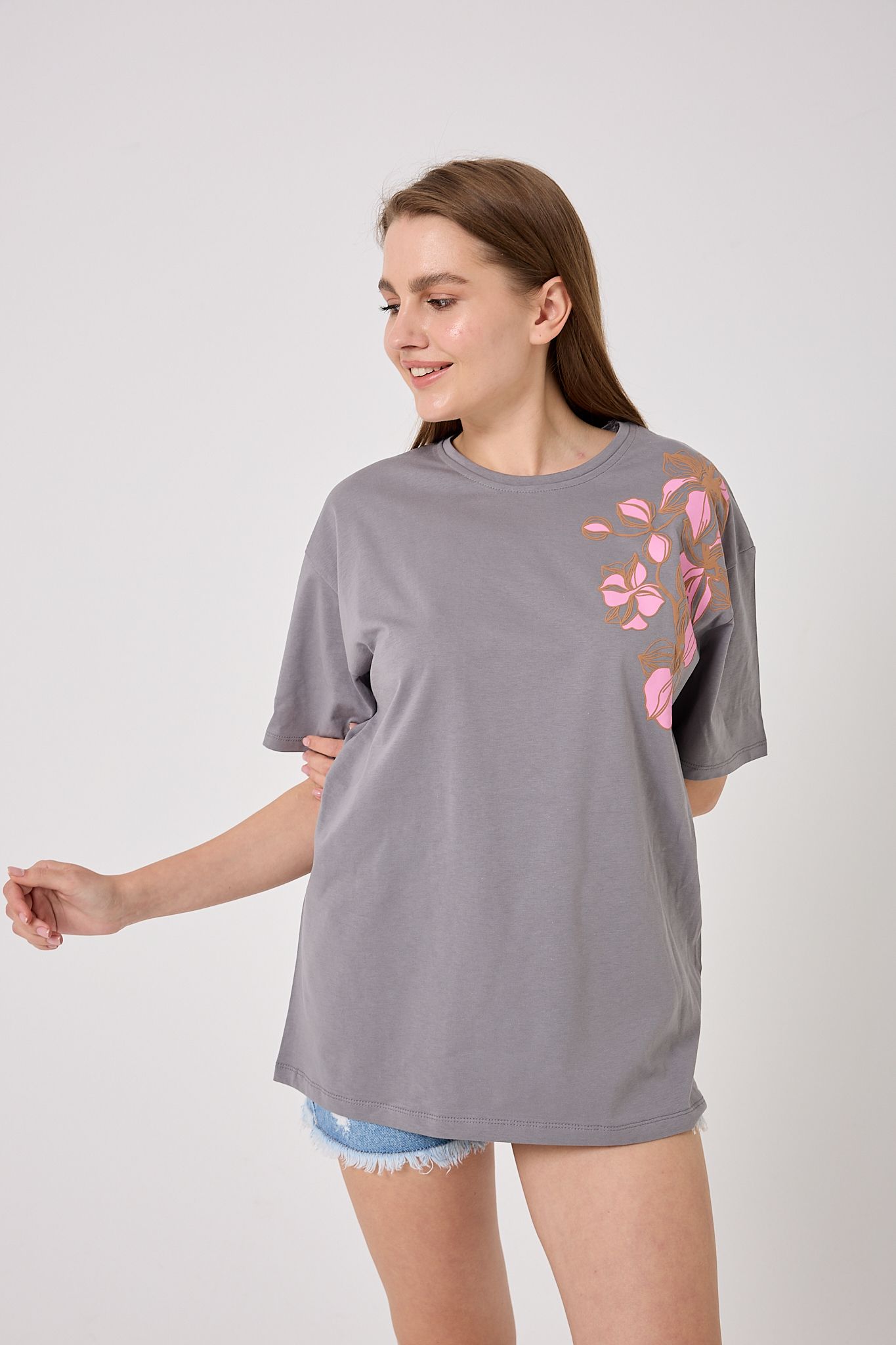 4626 - Oversize Omuz Çiçek Baskılı T-Shirt