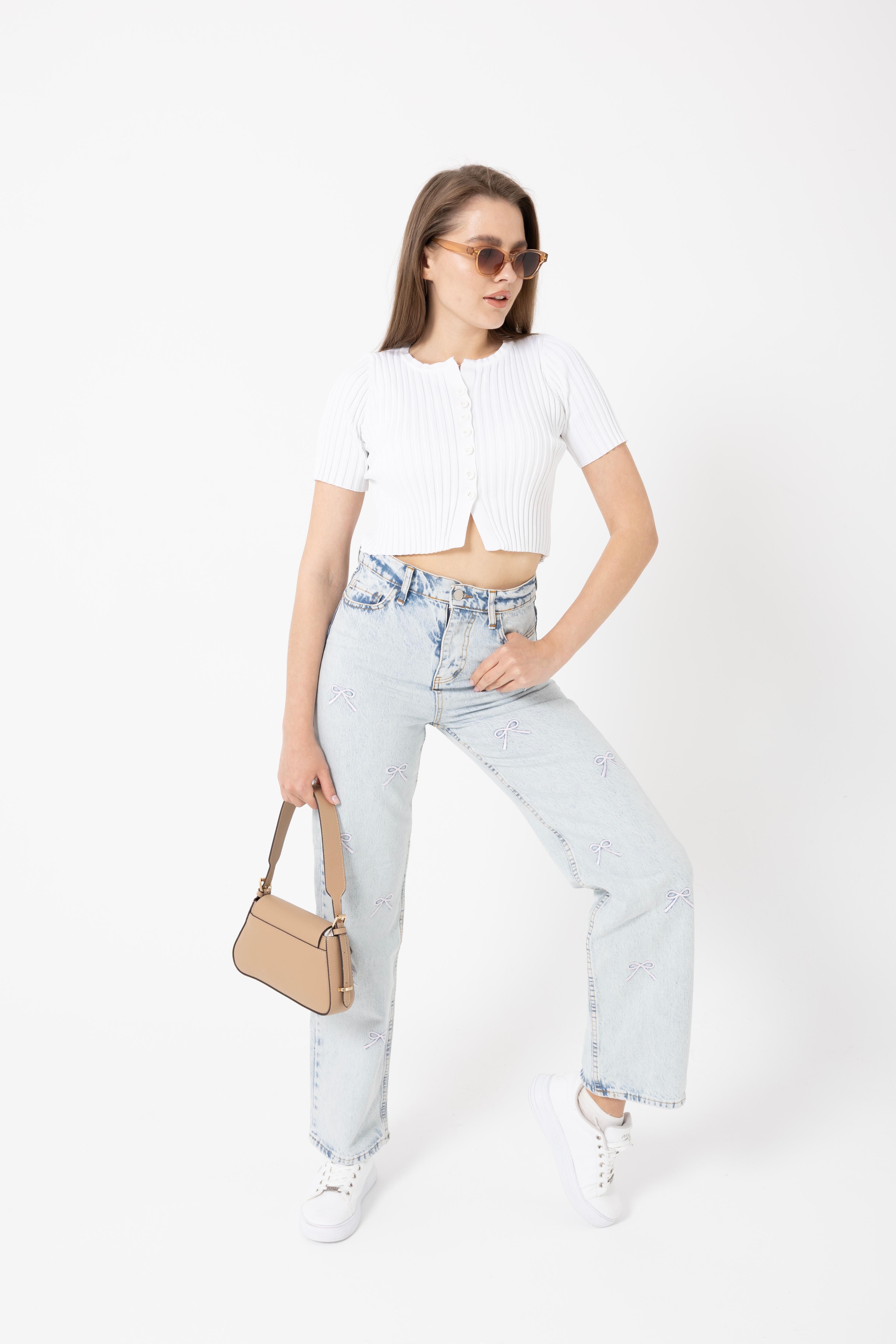 4601-Fiyonk Nakışlı Denim Palazzo Pantolon