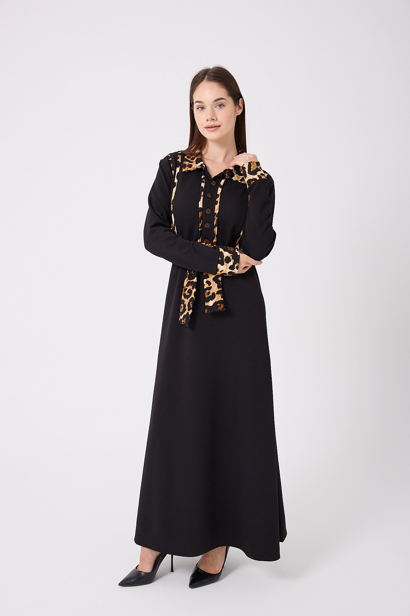 4645-Leopar Garnili Kuşaklı Elbise
