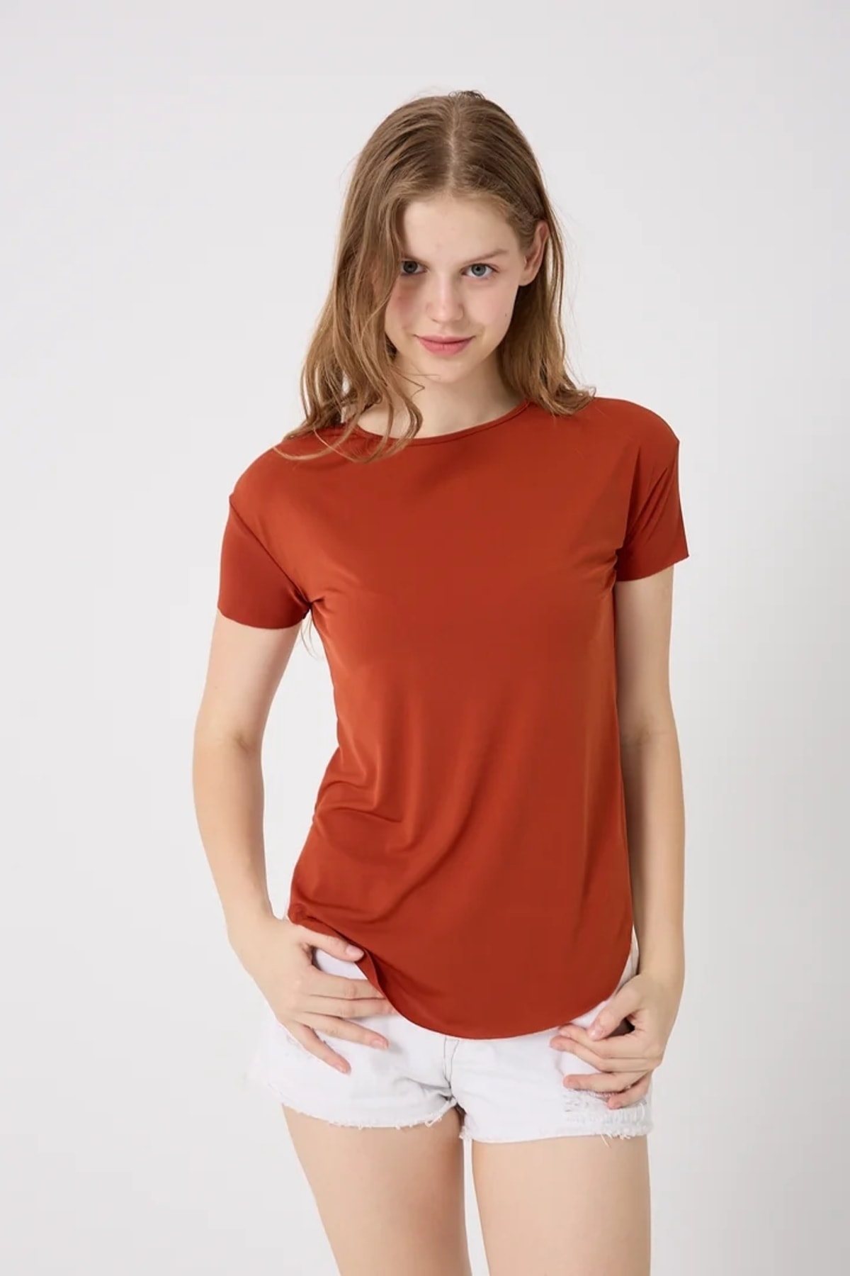 4650-Bisiklet Yaka T-Shirt - Kiremit