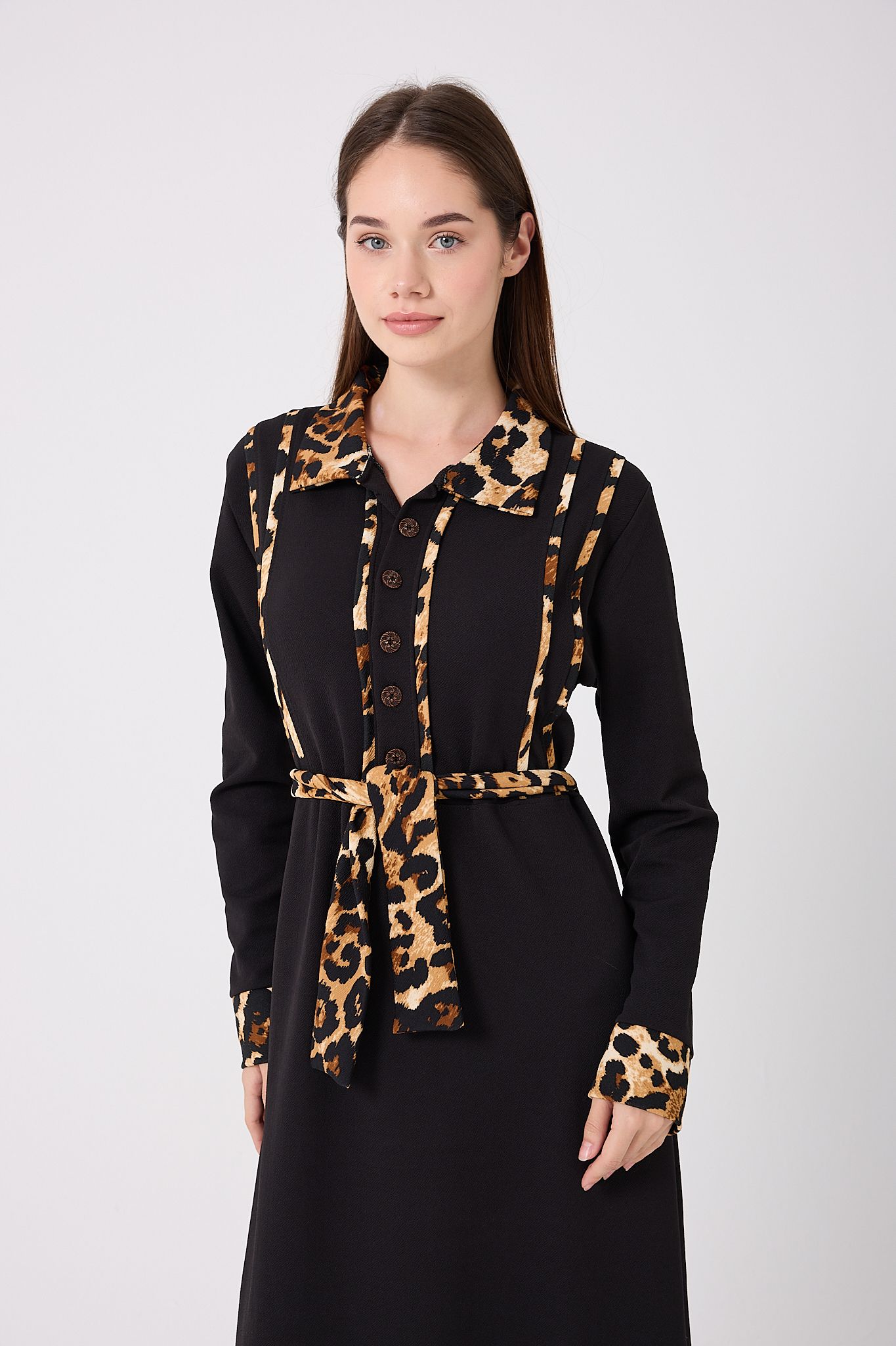 4645-Leopar Garnili Kuşaklı Elbise - Siyah
