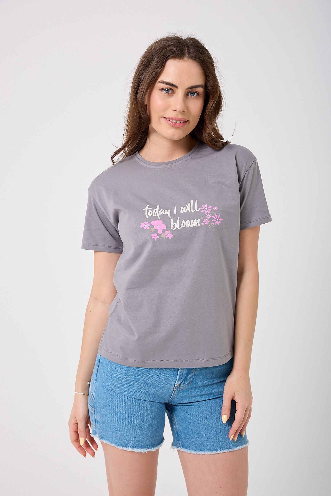 4623 - Oversize Today I Will Bloom Yazı Baskılı T-Shirt