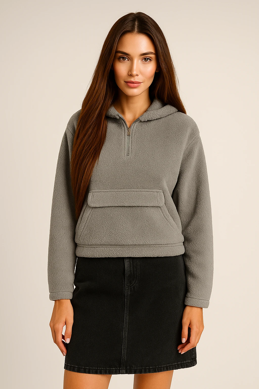 3110-Yarım fermuarlı kanguru cepli kapüşonlu Basic peluş 