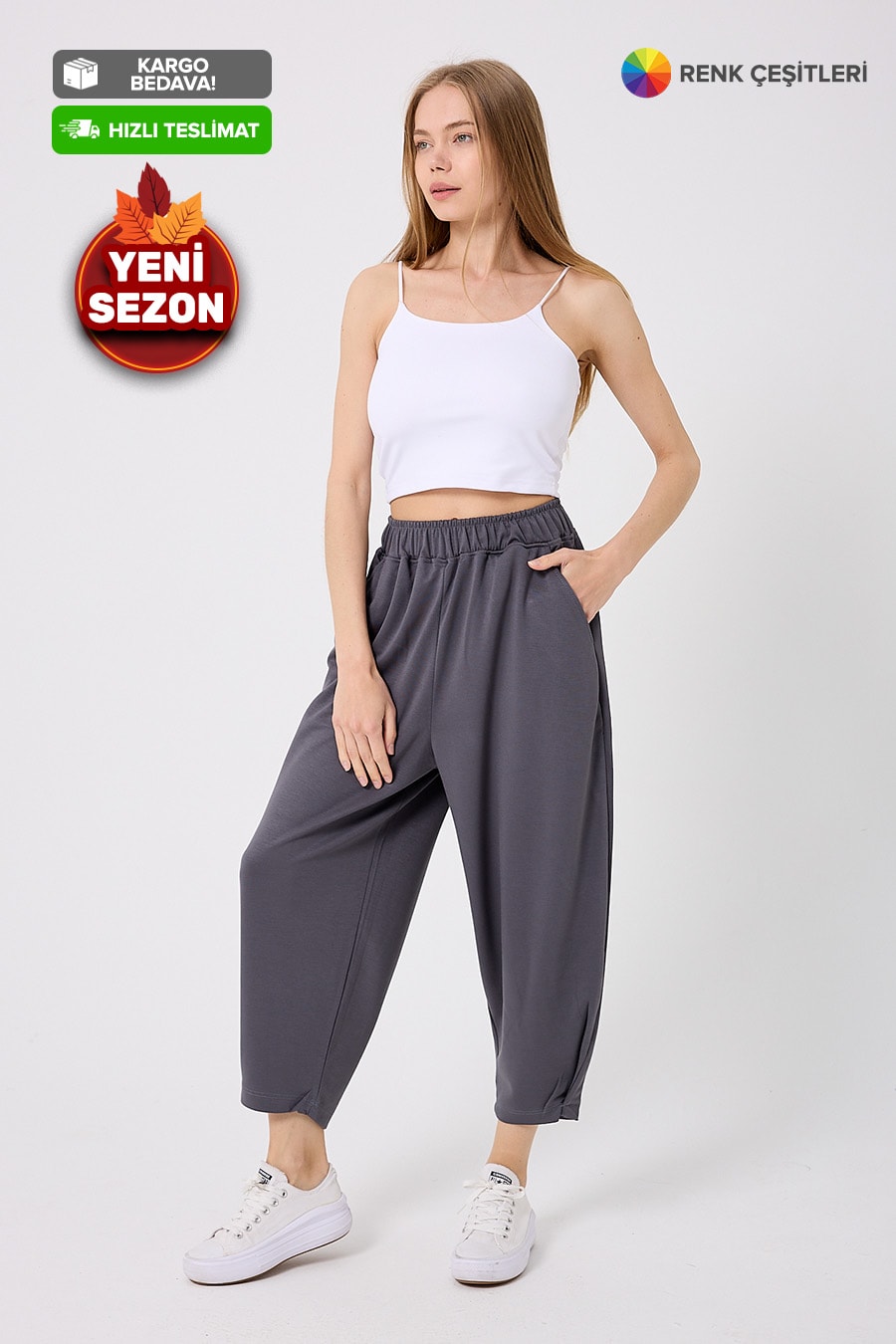 2426-Şalvar Kesim Paçası Pileli Oysho™ Alt Eşofman - Antrasit