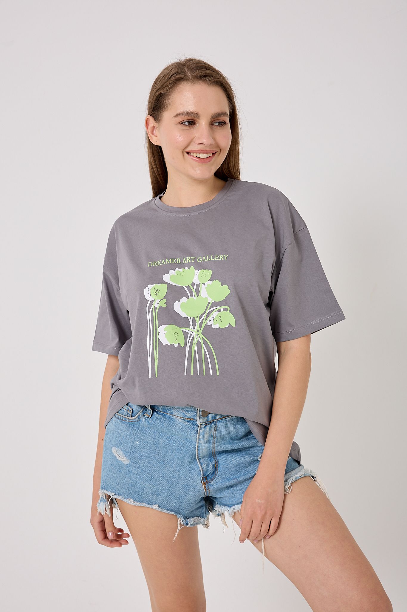 4614-Oversize DREAMER ART GALLERY Yazı Baskılı T-Shirt