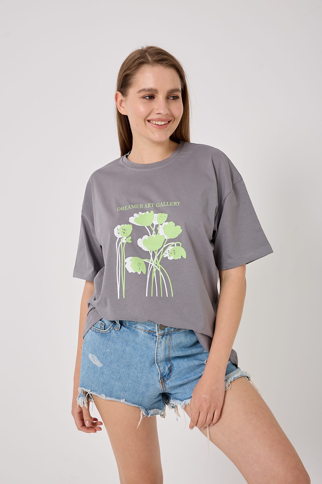 4614-Oversize DREAMER ART GALLERY Yazı Baskılı T-Shirt