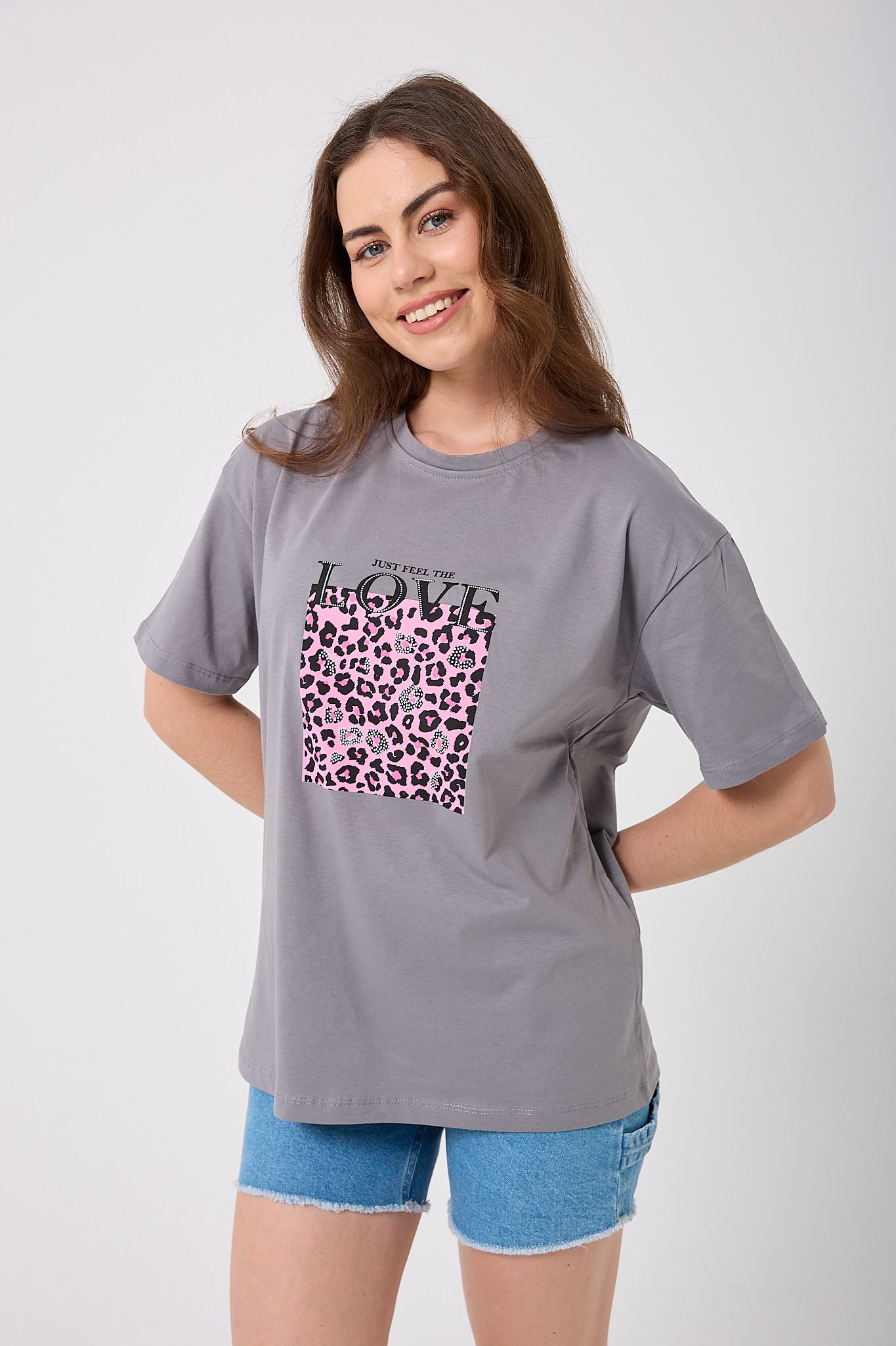 4620 - Oversize Just Feel The Love Yazı Baskılı T-Shirt