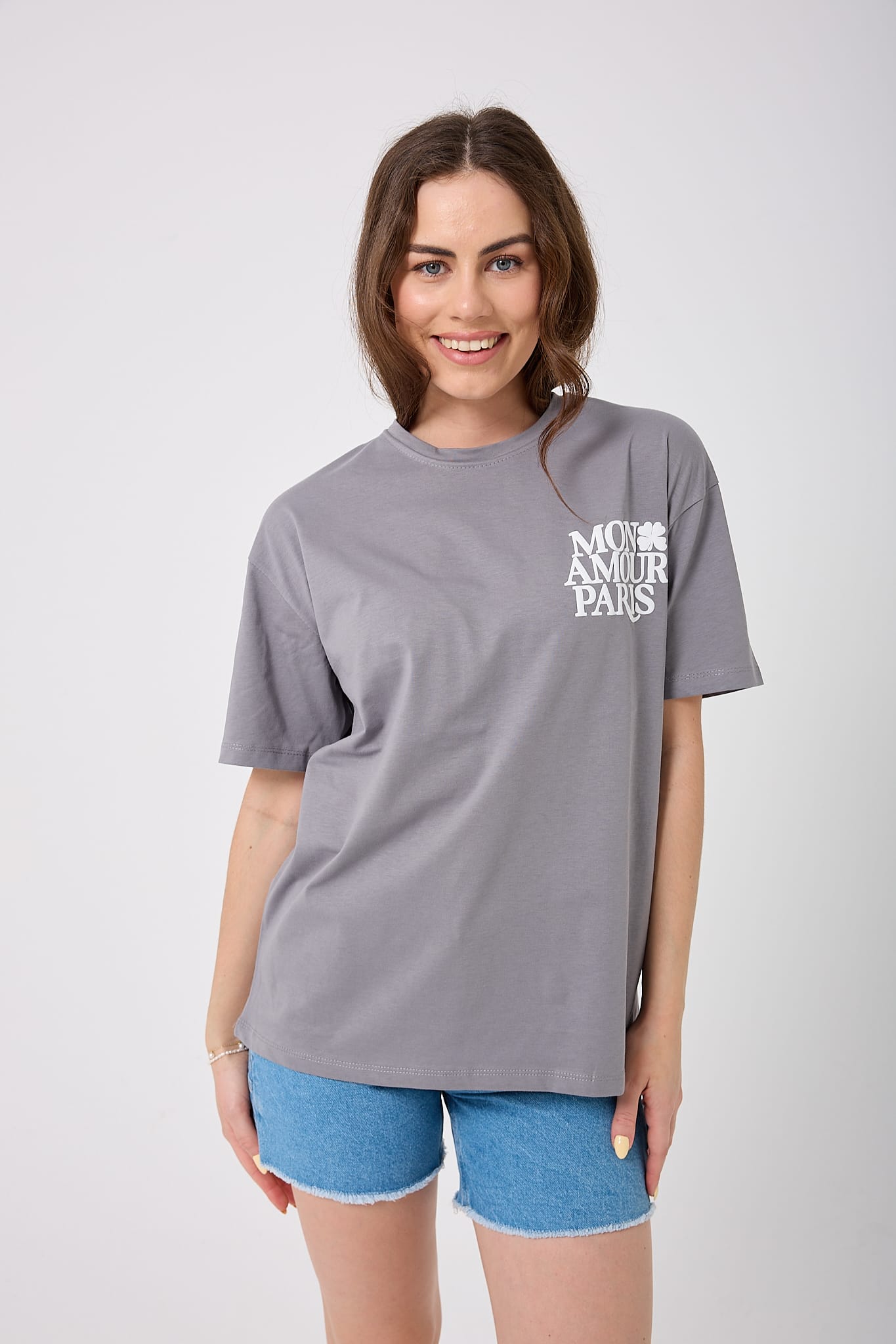 4617 - Oversize ÖN ARKA MON AMOUR PARİS Baskılı T-Shirt