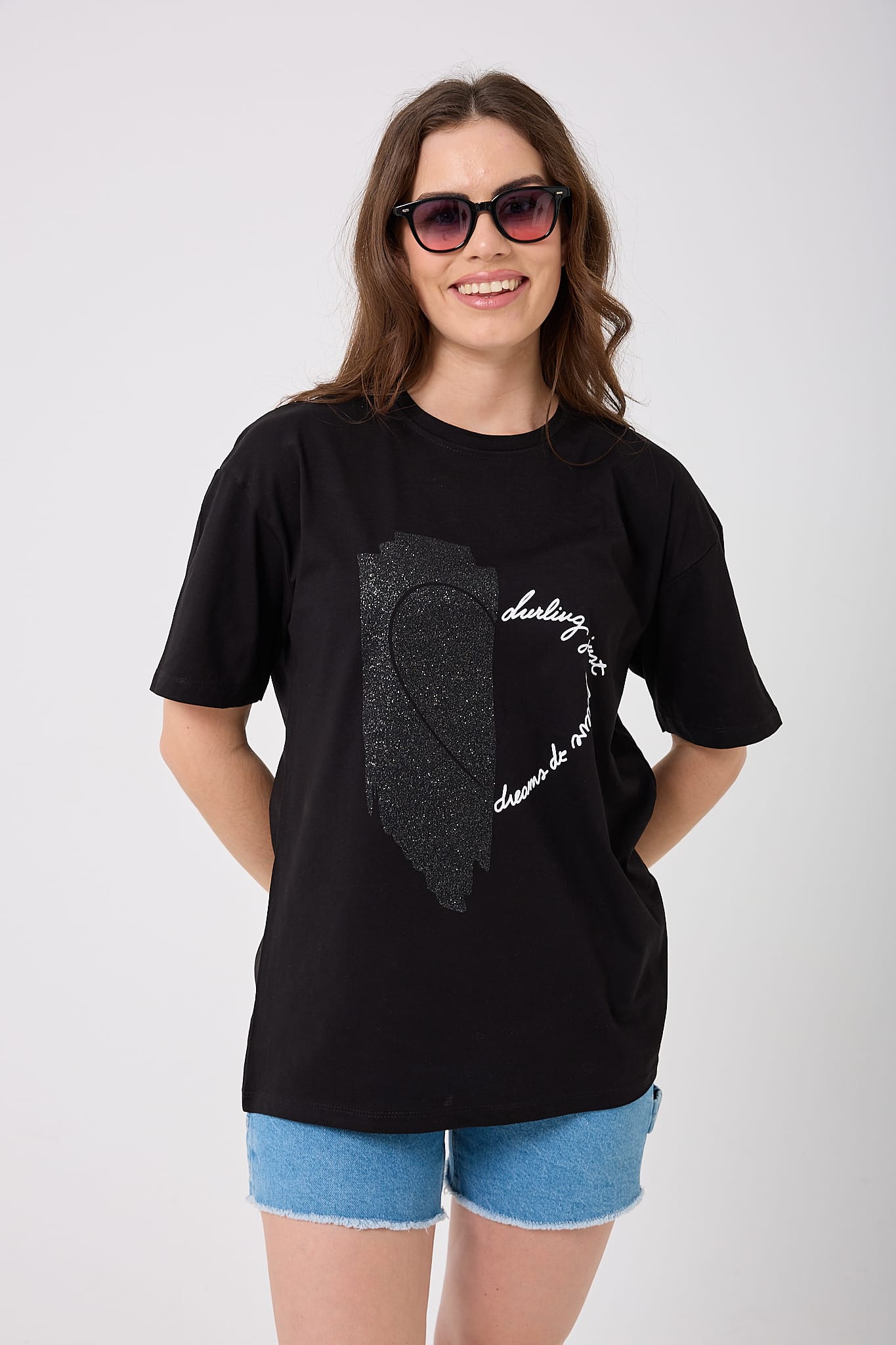 4625 - Oversize Simli Yarım Kalp Baskılı T-Shirt