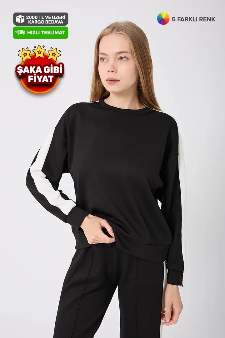 3582-O Yaka Kalın Şeritli Uzun Kol  İkili Takım