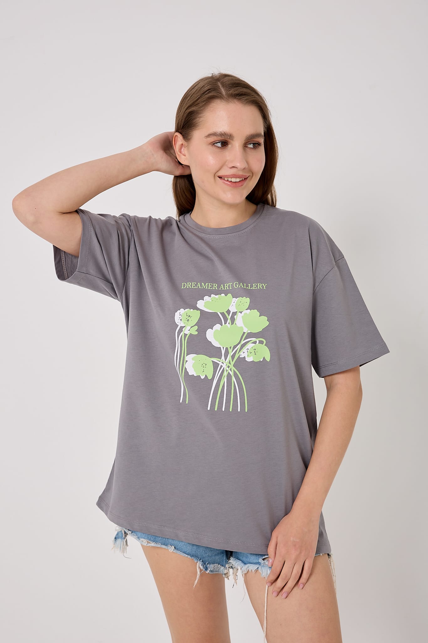 4614-Oversize DREAMER ART GALLERY Yazı Baskılı T-Shirt