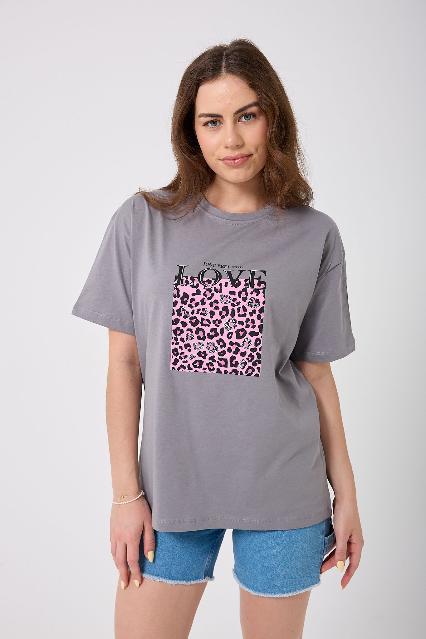 4620 - Oversize Just Feel The Love Yazı Baskılı T-Shirt