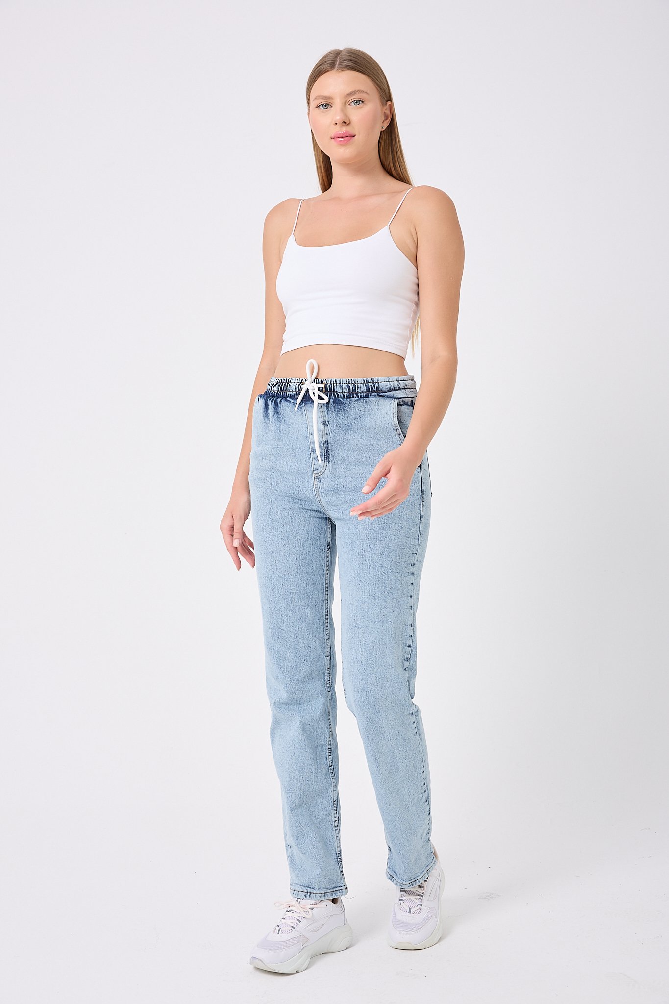 4653-Beli Lastikli Palazzo Kot Pantolon