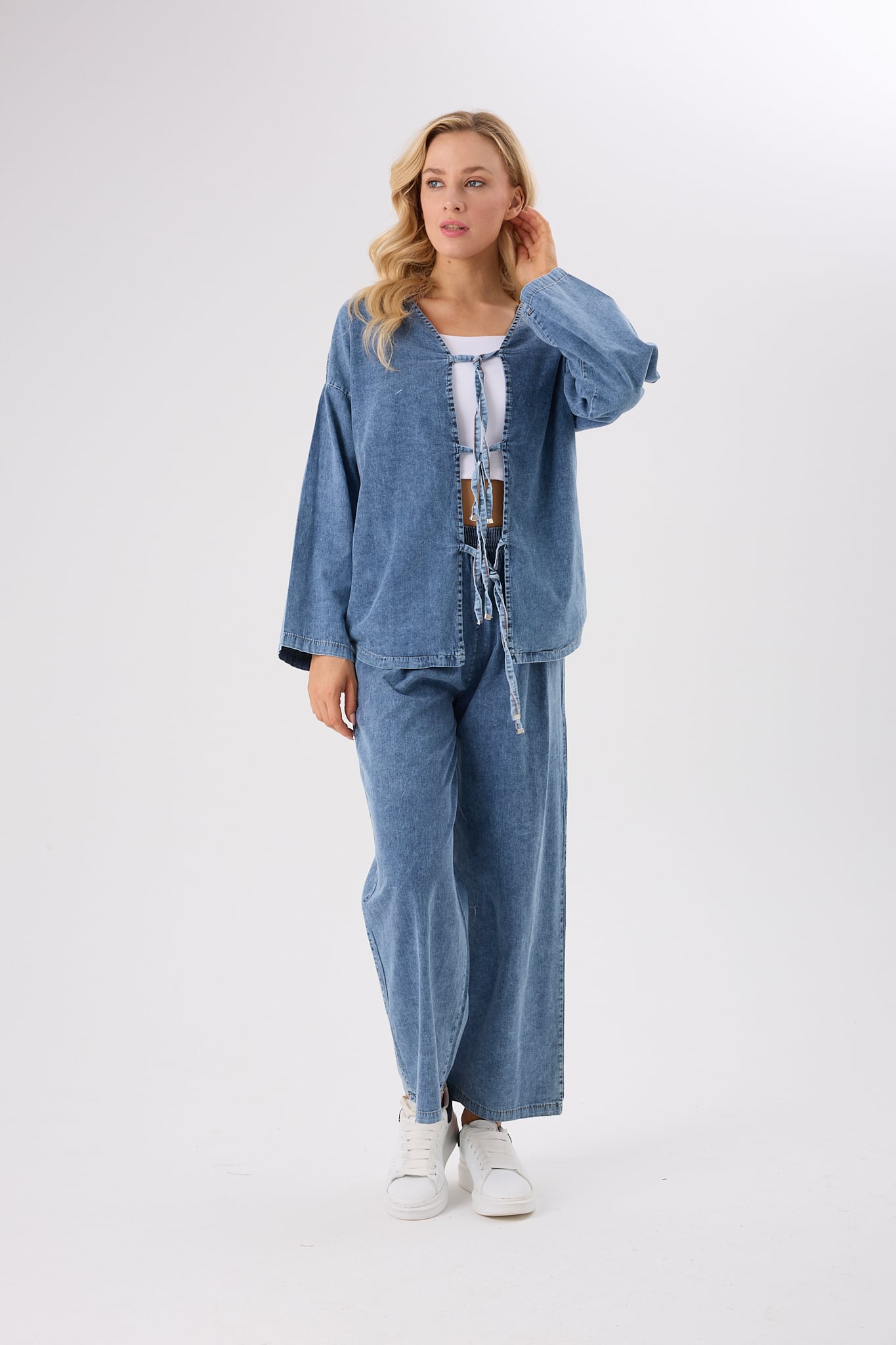4632-Önden Bağlamalı Denim Alt Üst İkili Takım-Pamuk Kot
