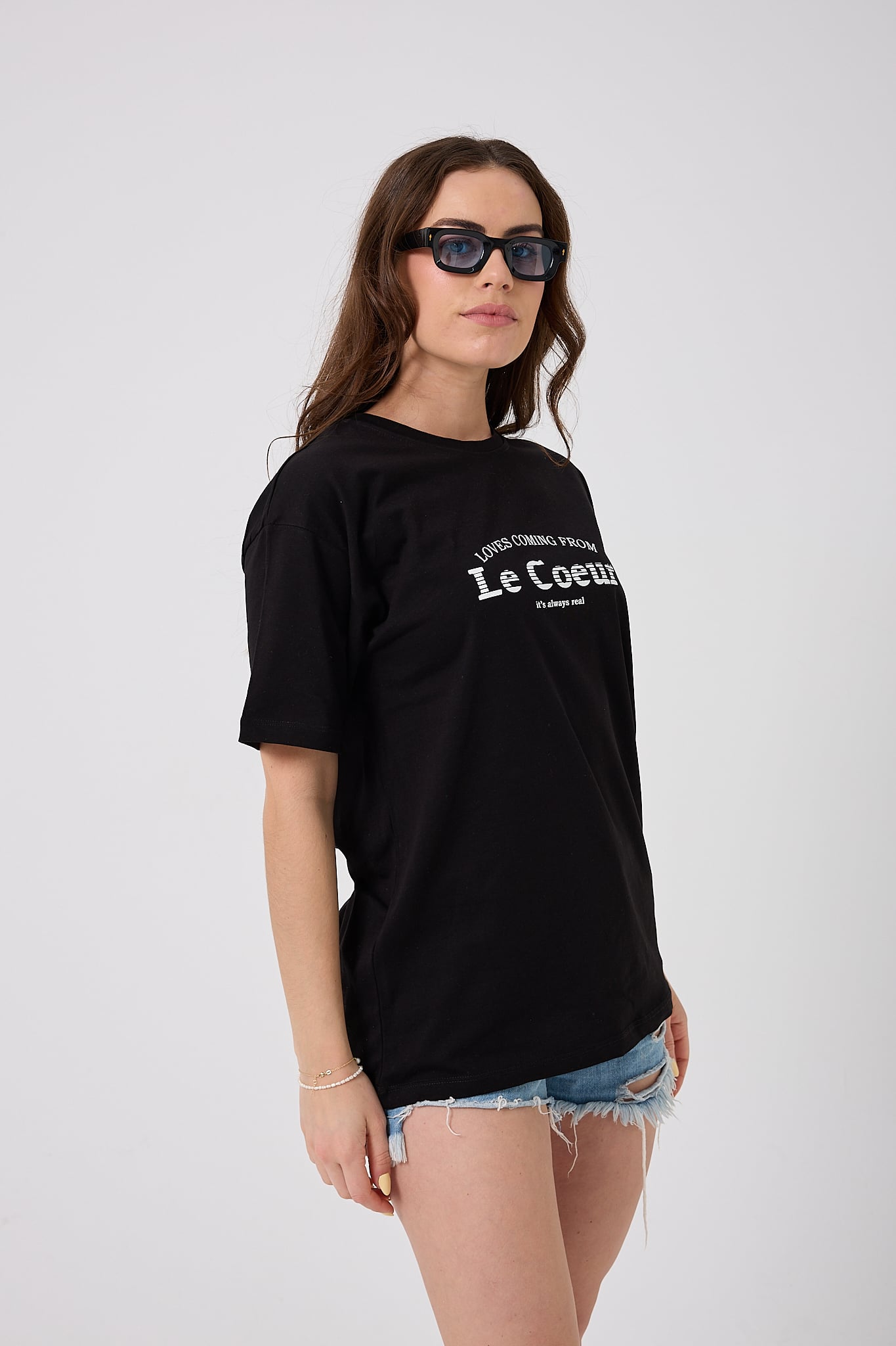 4615-Oversize Le Coeur Yazı Baskılı T-Shirt