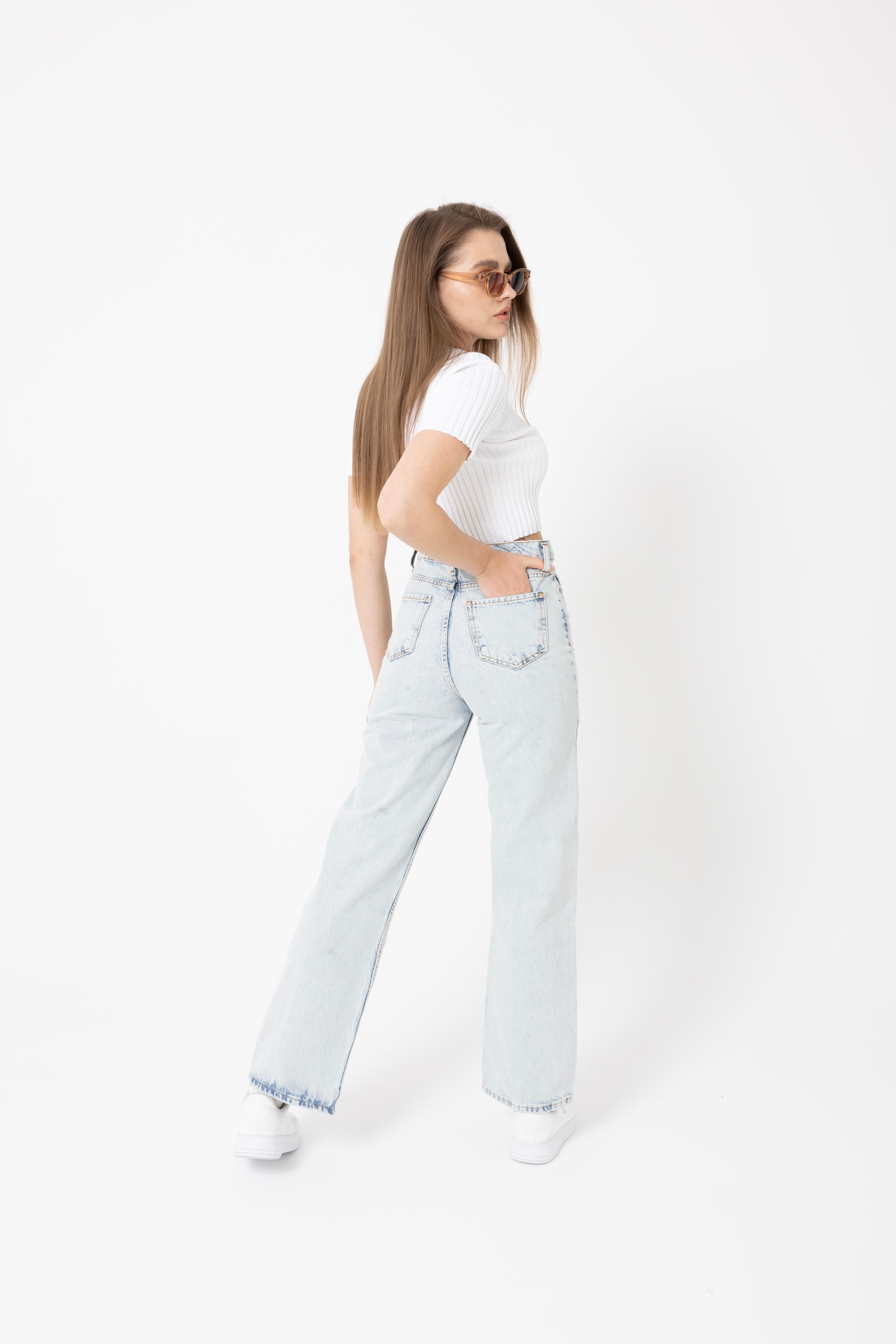 4601-Fiyonk Nakışlı Denim Palazzo Pantolon