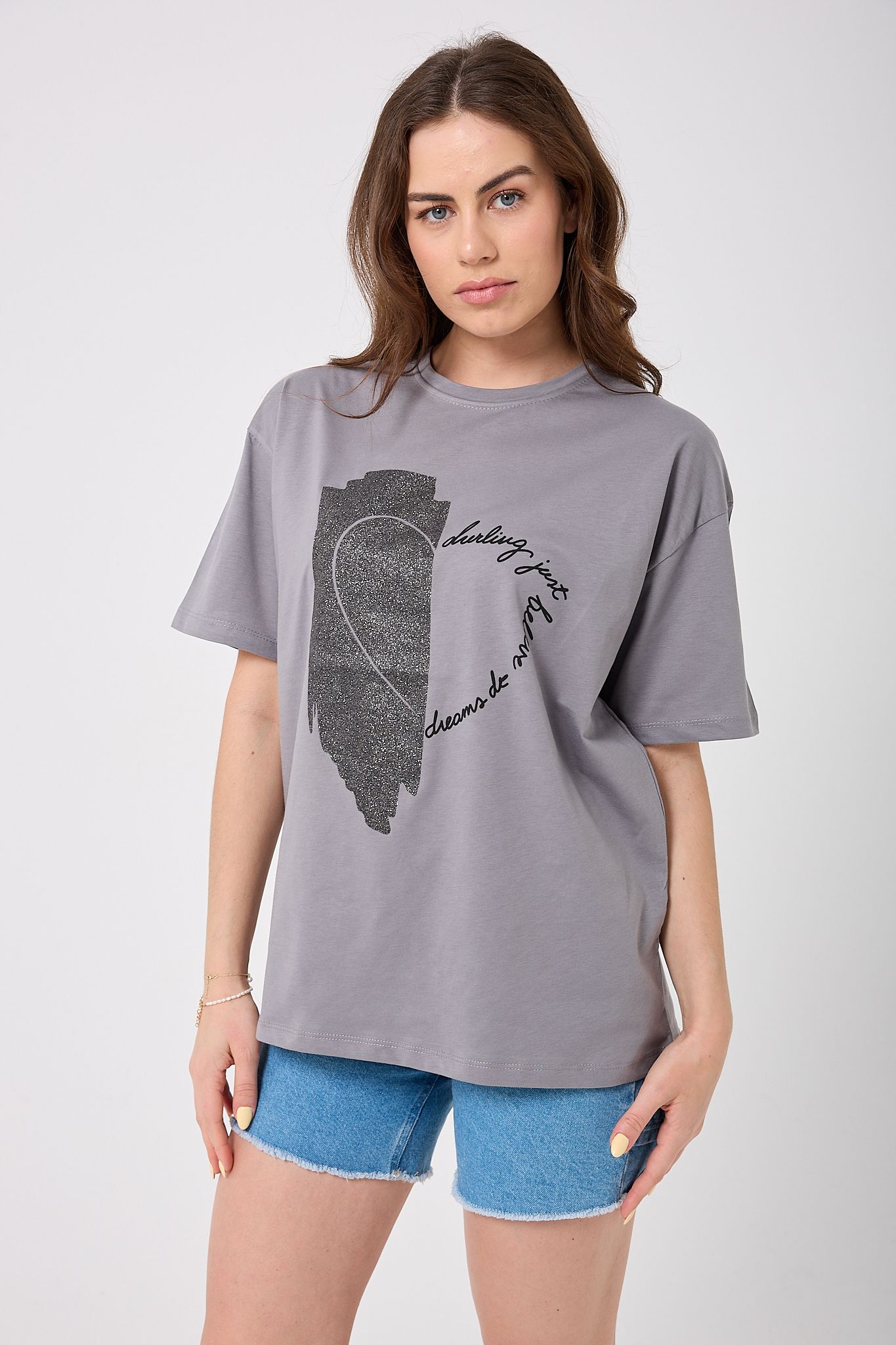 4625 - Oversize Simli Yarım Kalp Baskılı T-Shirt