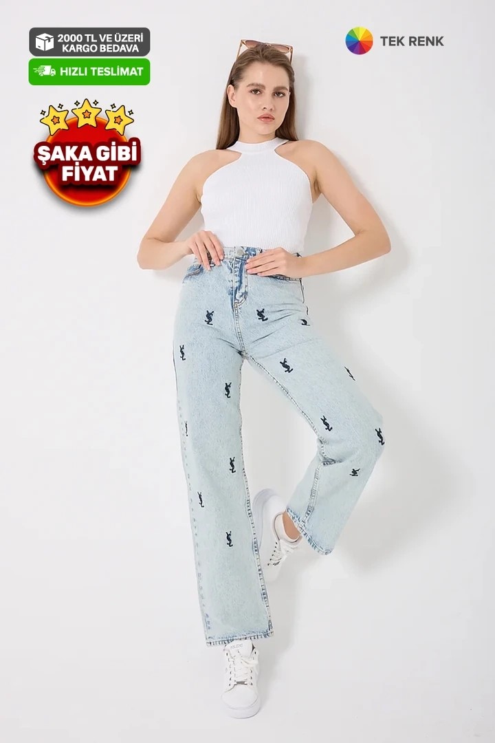 4602- Y S L Nakışlı Denim Palazzo Pantolon
