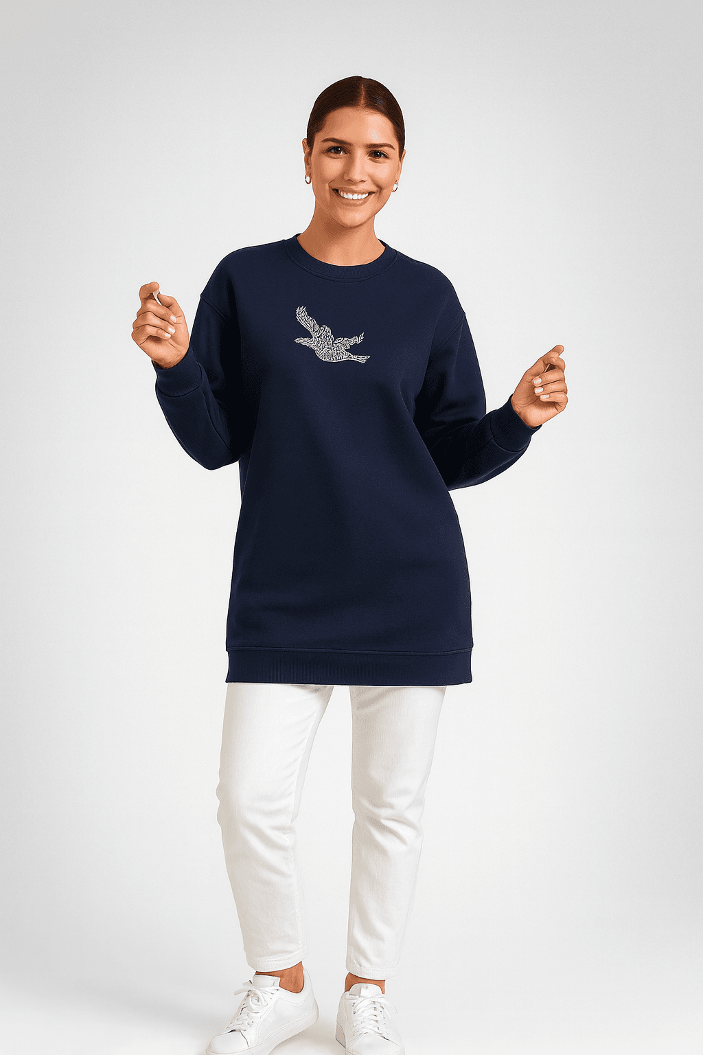 365 - Zincirli Kuşlu Taş Baskılı Premium Oysho™ Tunik - Lacivert
