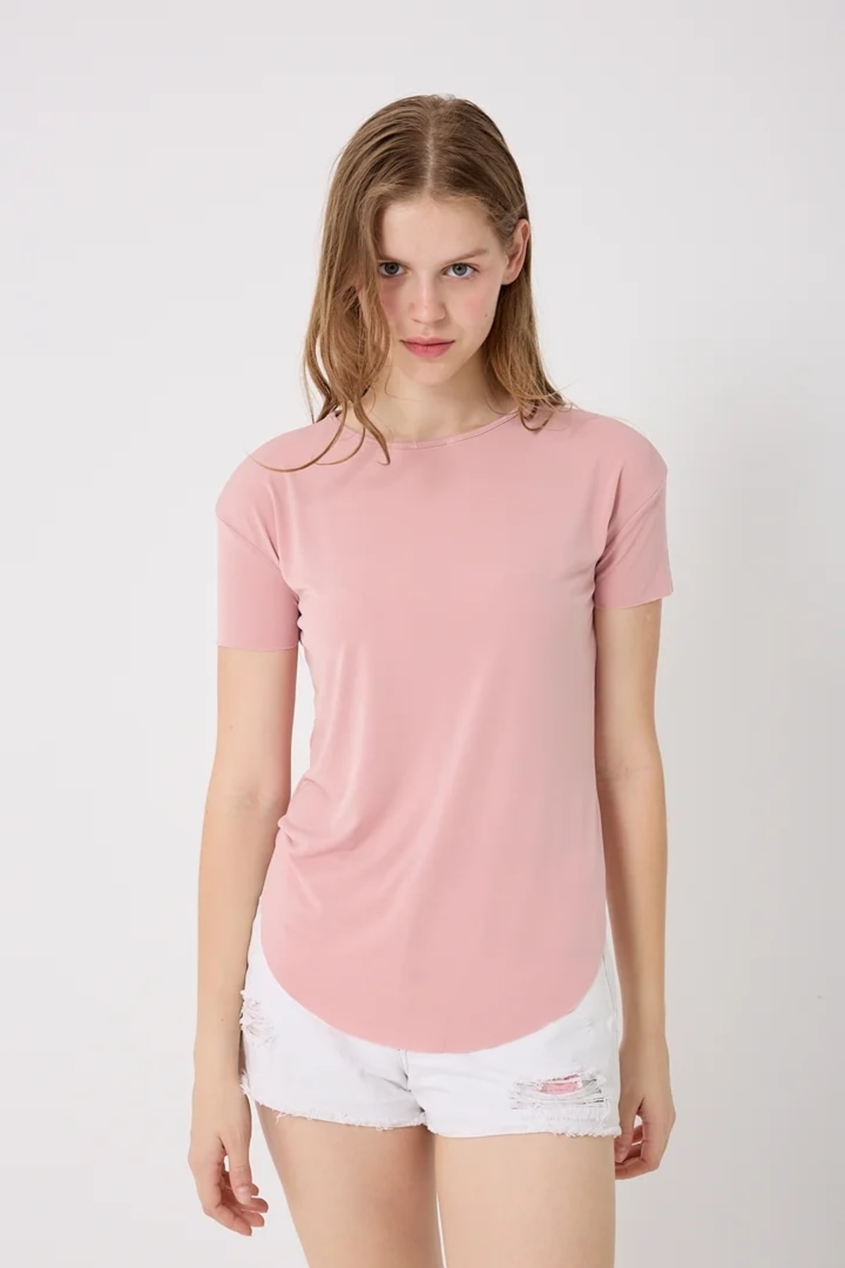 4650-Bisiklet Yaka T-Shirt - Pudra