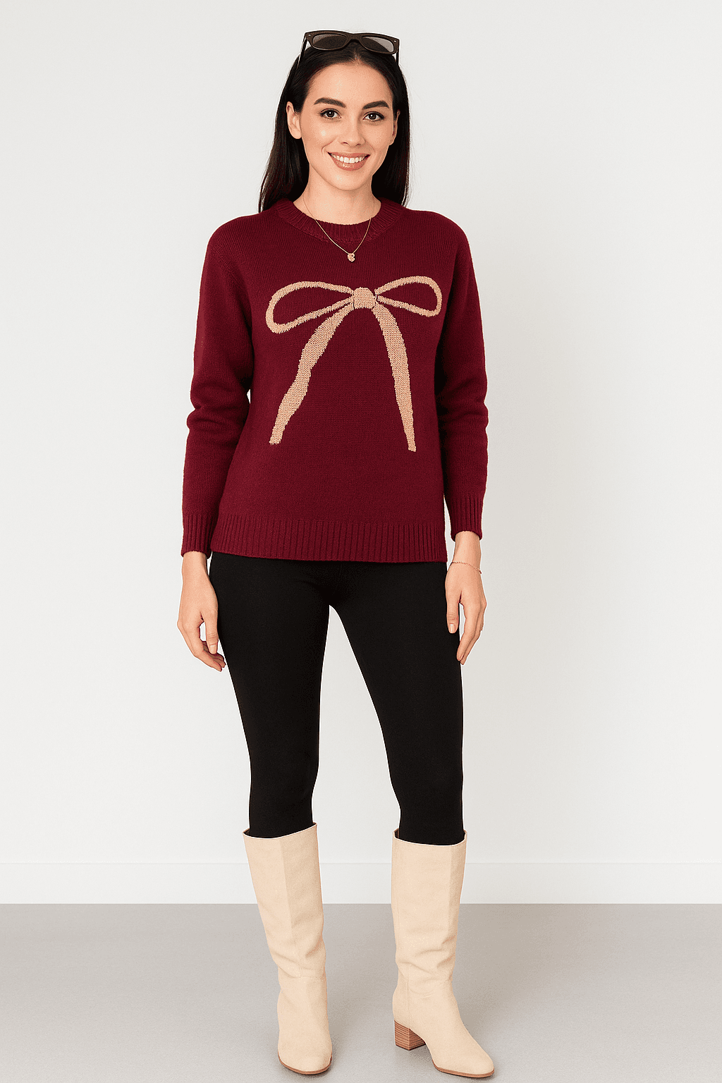 1009-Fiyonk Desen İnci Çakım Triko Sweat - Bordo