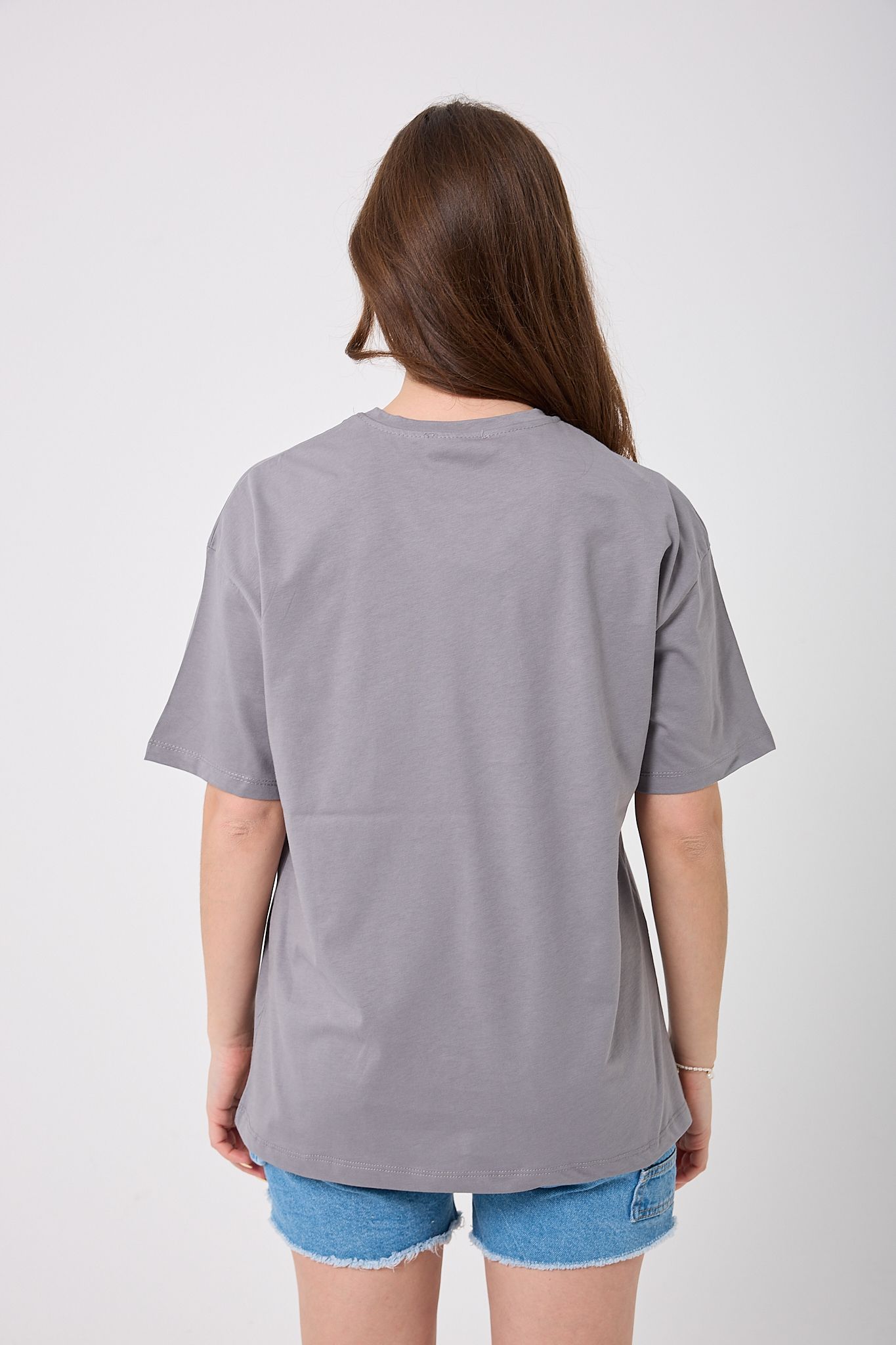 4625 - Oversize Simli Yarım Kalp Baskılı T-Shirt
