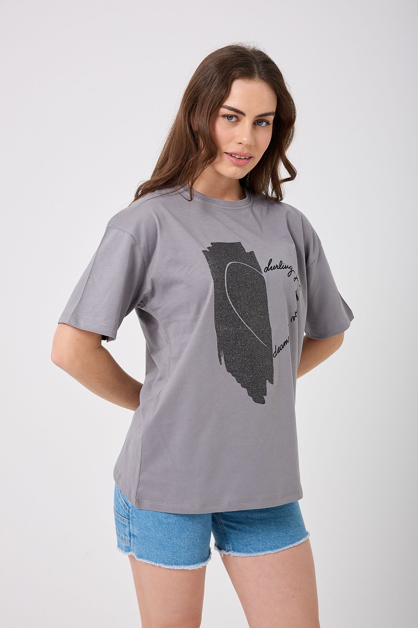 4625 - Oversize Simli Yarım Kalp Baskılı T-Shirt