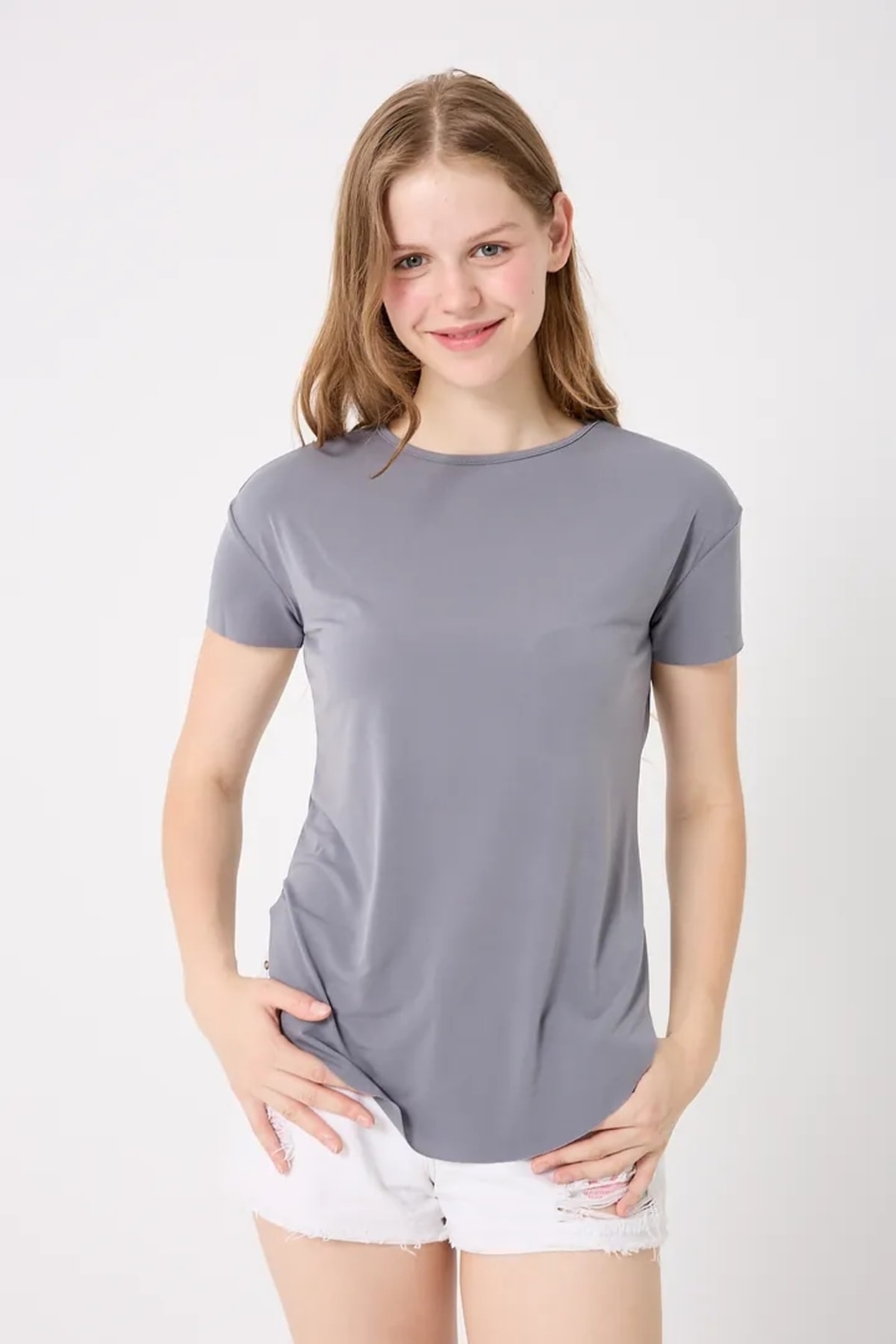 4650-Bisiklet Yaka T-Shirt - Füme