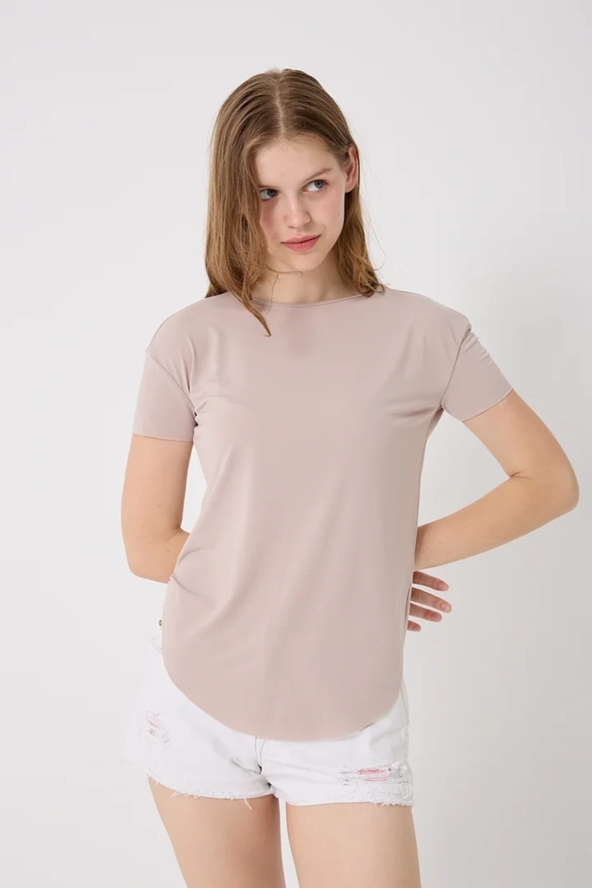 4650-Bisiklet Yaka T-Shirt - Bej
