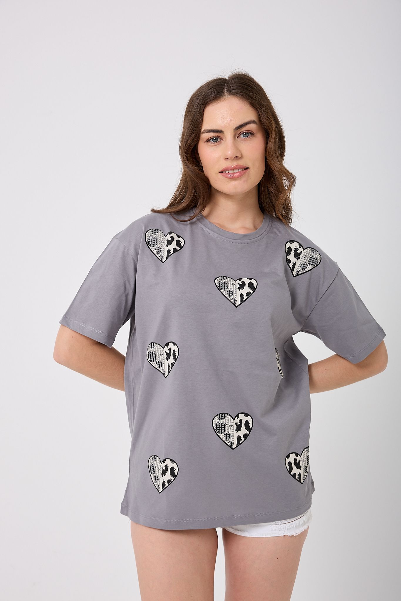 4618 - Oversize TAŞLI KALP Baskılı T-Shirt