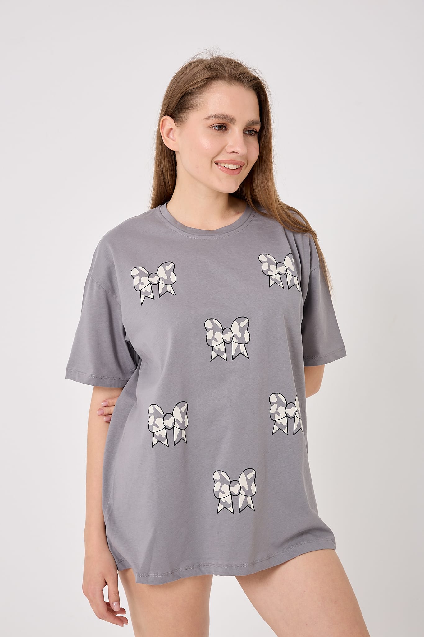 4610-Oversize Fiyonk Baskılı T-Shirt