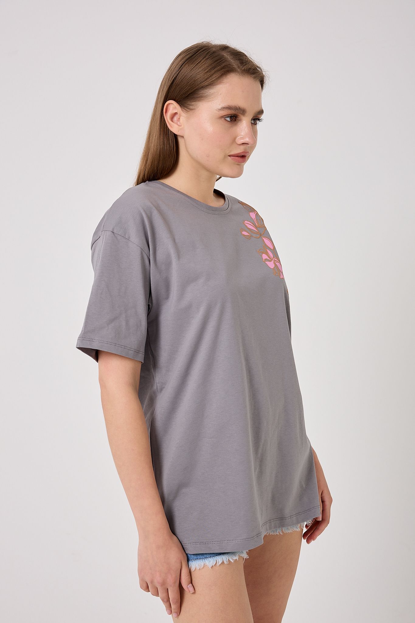 4626 - Oversize Omuz Çiçek Baskılı T-Shirt